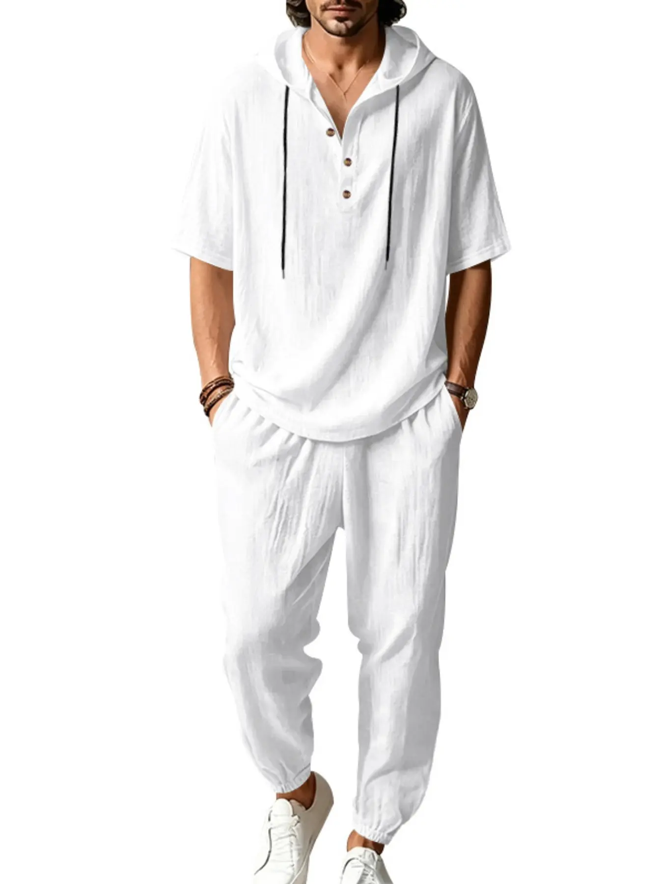 Summer Men's Casual Linen Beach Resort Set, Breathable Hooded Henry Short Sleeve Long Pants, Comfortable Home Wear Clothes