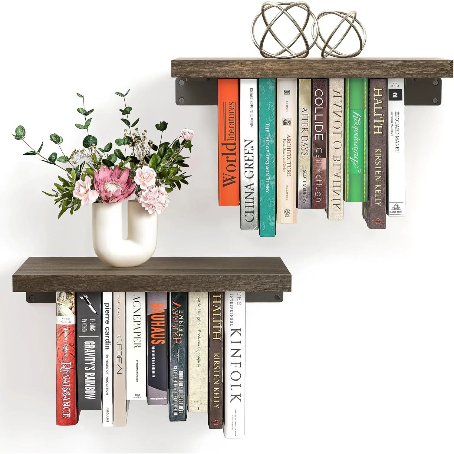 2 Set of Floating Bookshelf with Load-Bear Shelf Brackets, Paulownia Wood Invisible Bookshelf, Bookshelves for Wall, Saving Wall Bookcase