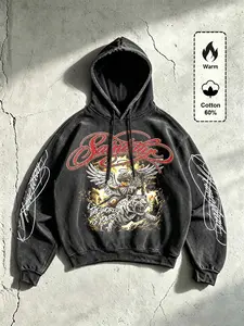American Vintage Heavy Washed Hoodie, Cupid Tiger Flame Print, Loose Fit, Oversize Cotton Sweatshirt, Fall & Winter Streetwear