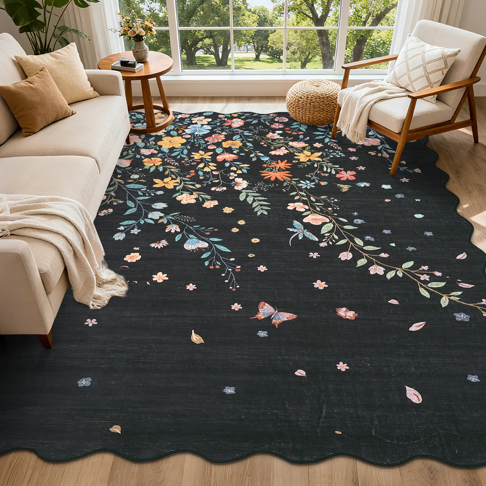 Washable Scalloped Floral Living Room Rugs, Soft Non Slip Large Area Rug Indoor Modern Low Pile Floor Carpet Ultra Thin Low Pile Floor Cover for Nursery Home Decor