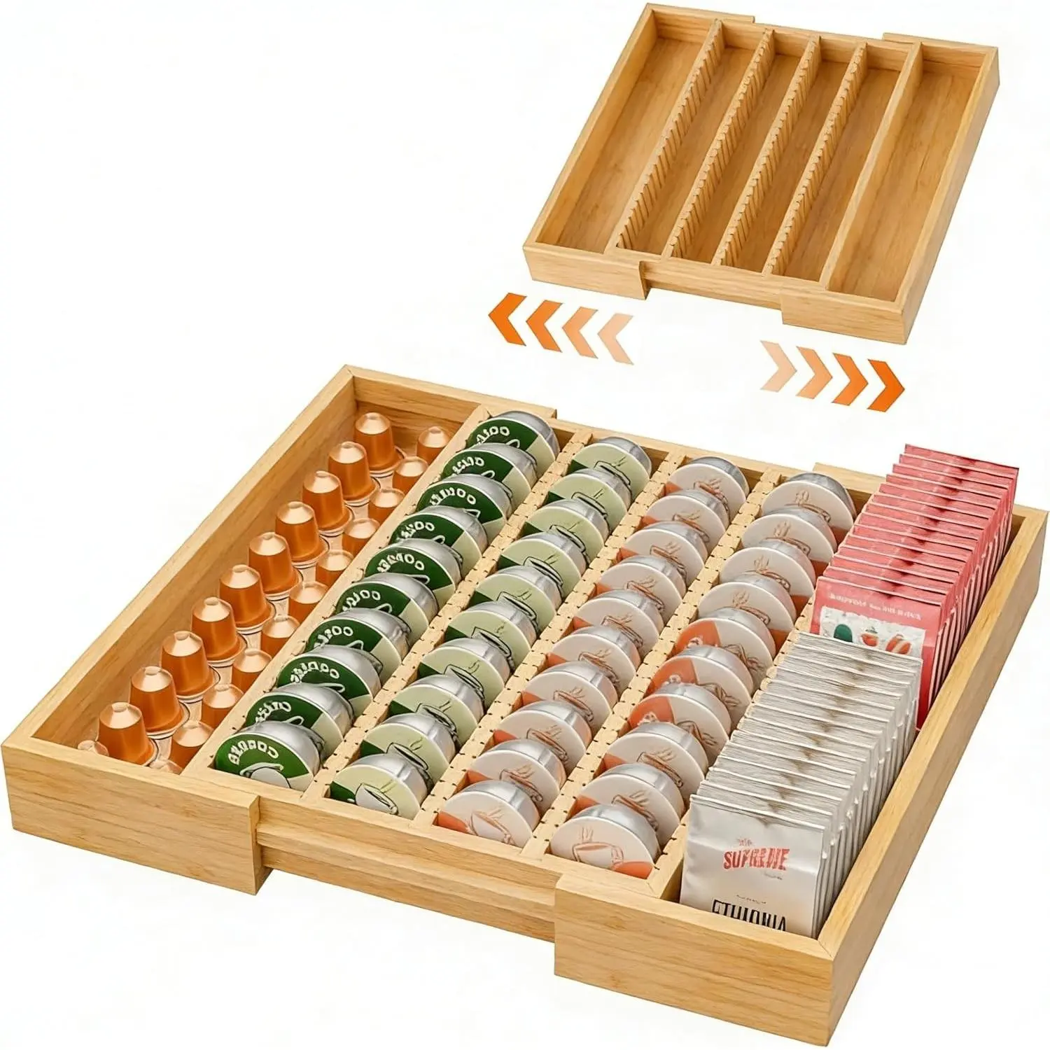 Bamboo Coffee Pod Holder Drawer, Expandable K Cup Pod Storage Compatible with Nespresso Vertuo Capsules, K Cup Drawer Organizer for Coffee Station, Home Office, Kitchen, Natural