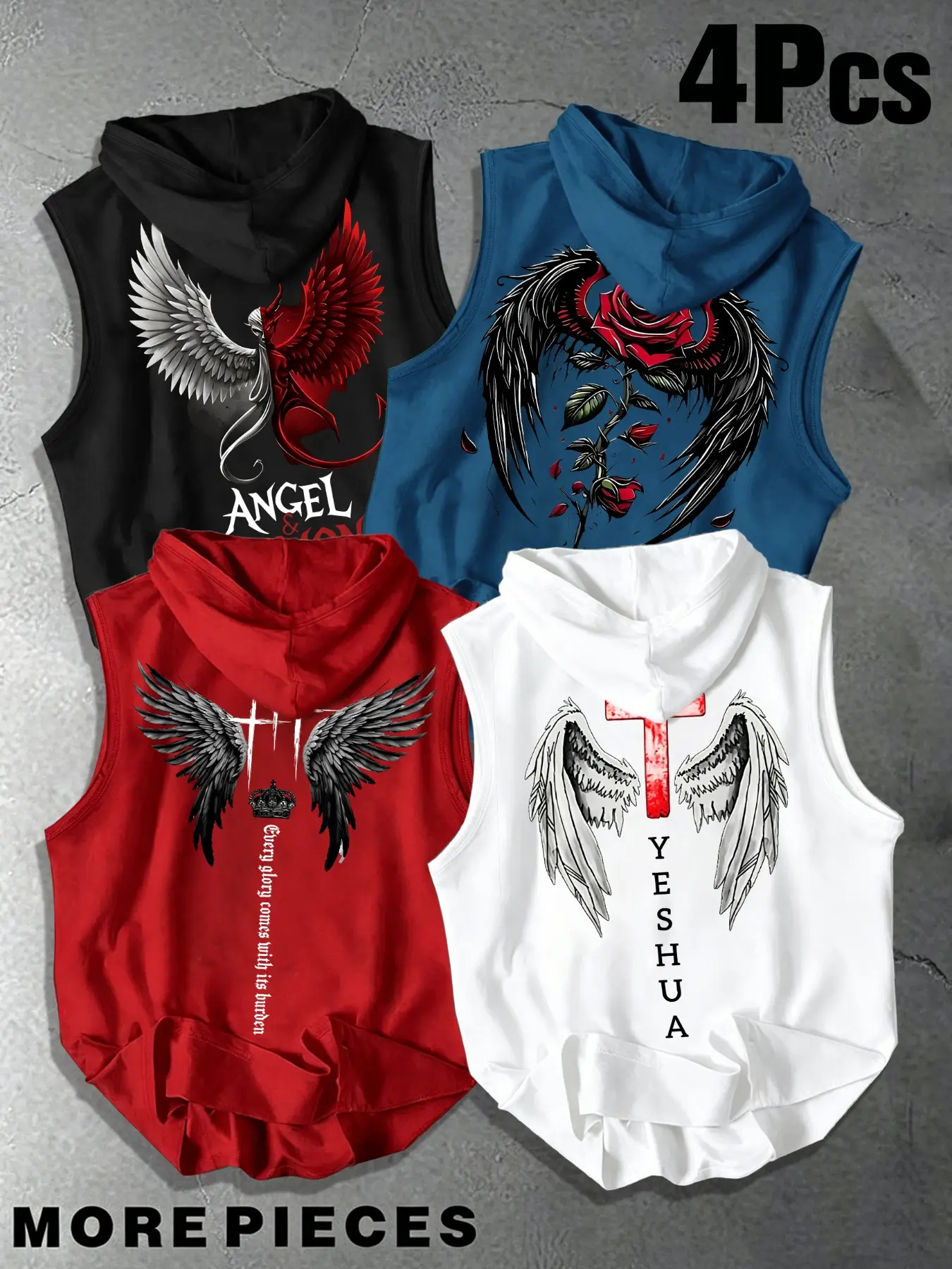 4 Pack Men Drawstring Sleeveless Hooded Tank Top Angel Demon Wing Rose Cross Scripture Vertical Text Back Graphic Print Loose Fit Gothic Faith Casual Streetwear Vest For Daily Summer Leisure Outfit#GothicWingHoodedTank4Pack#trendingtanktops