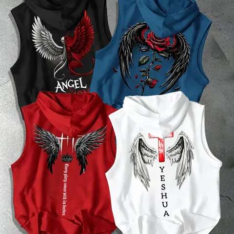 4 Pack Men Drawstring Sleeveless Hooded Tank Top, Sleeveless Tanks, Angel Demon Wing Back Graphic Print Loose Fit Casual Streetwear Vest For Daily Summer Leisure Outfit#GothicWingHoodedTank4Pack#trendingtanktops