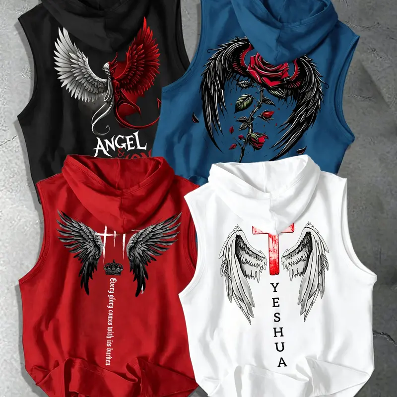 4 Pack Men Drawstring Sleeveless Hooded Tank Top, Sleeveless Tanks, Angel Demon Wing Back Graphic Print Loose Fit Casual Streetwear Vest For Daily Summer Leisure Outfit#GothicWingHoodedTank4Pack#trendingtanktops