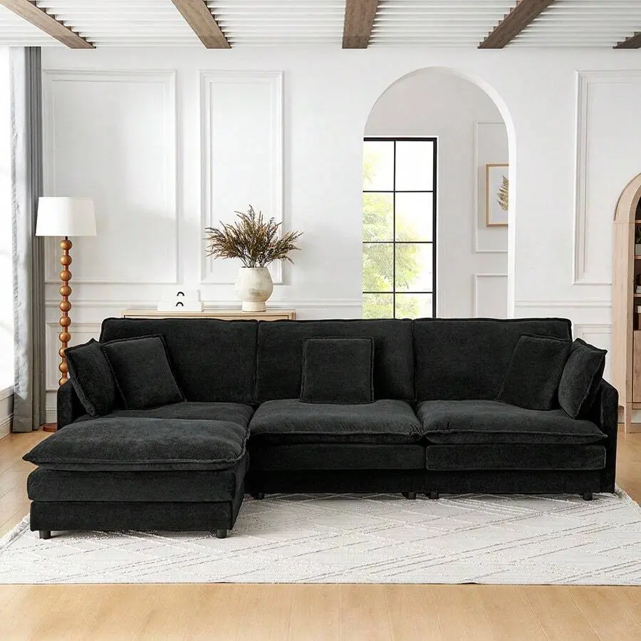 L-Shaped Sectional Sofa With Storage Ottoman, 4 Piece  Sofa Set With Plush Towel, Convertible Recliner Sofa Couch With Solid Wood Frame, Oversized 4-Seater Sofa Bed Living Room Furniture