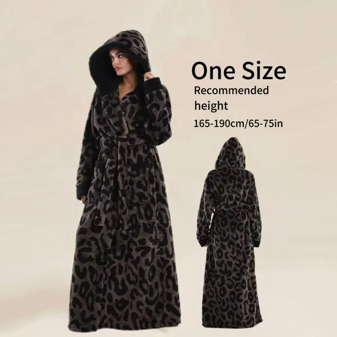 European Elegant Coffee Leopard Print Flannel Bathrobe Casual Loungewear Nightwear, Hooded with Belt and Pockets, Unisex Fit, Soft and Comfortable