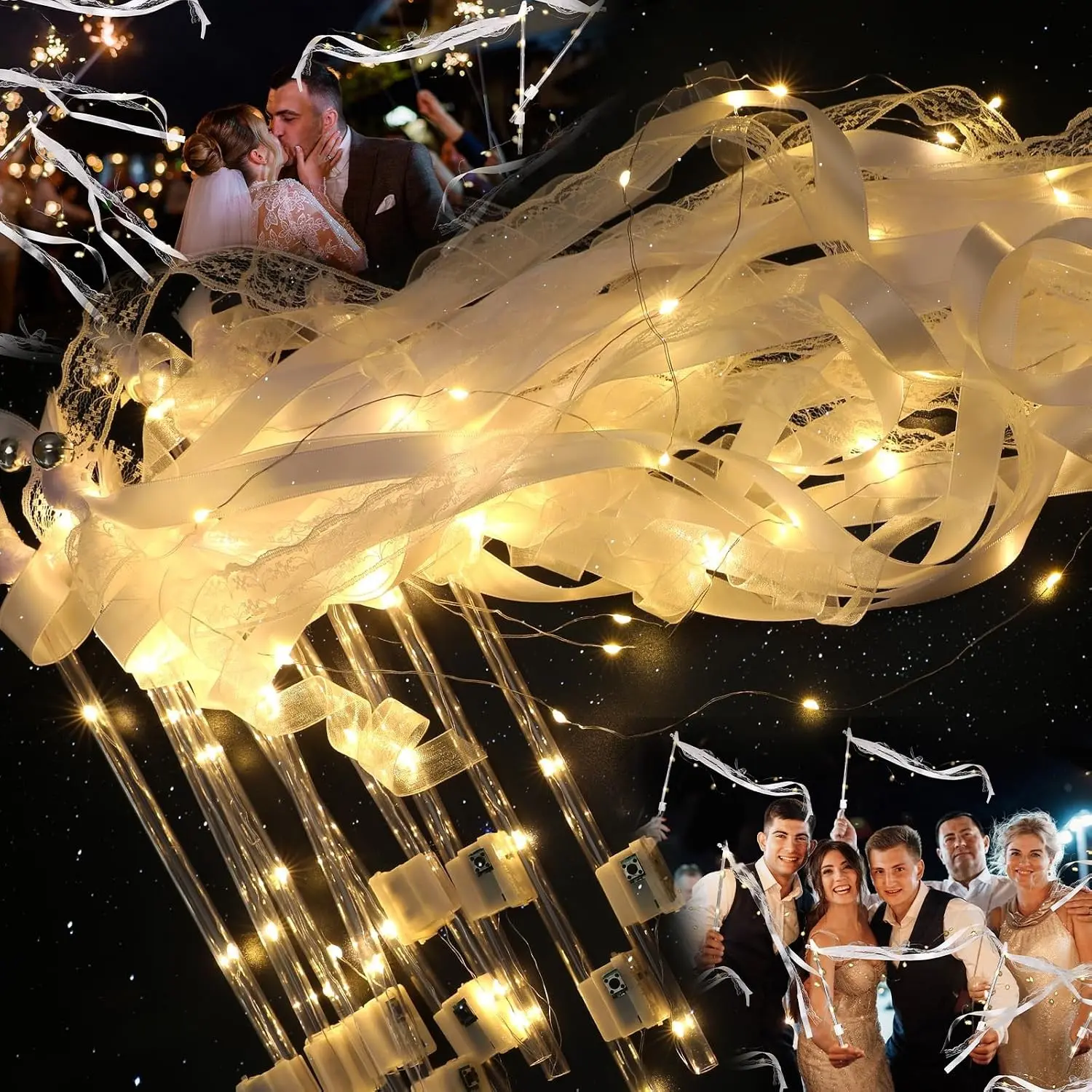 100 PCS Light Up Wedding Wands for Send Off - LED Fairy Wands with 3 Flashing Modes, Silk Ribbons, Lace & Bells for Wedding Ceremony Exit, New Year, Thanksgiving, Concert Party Favors
