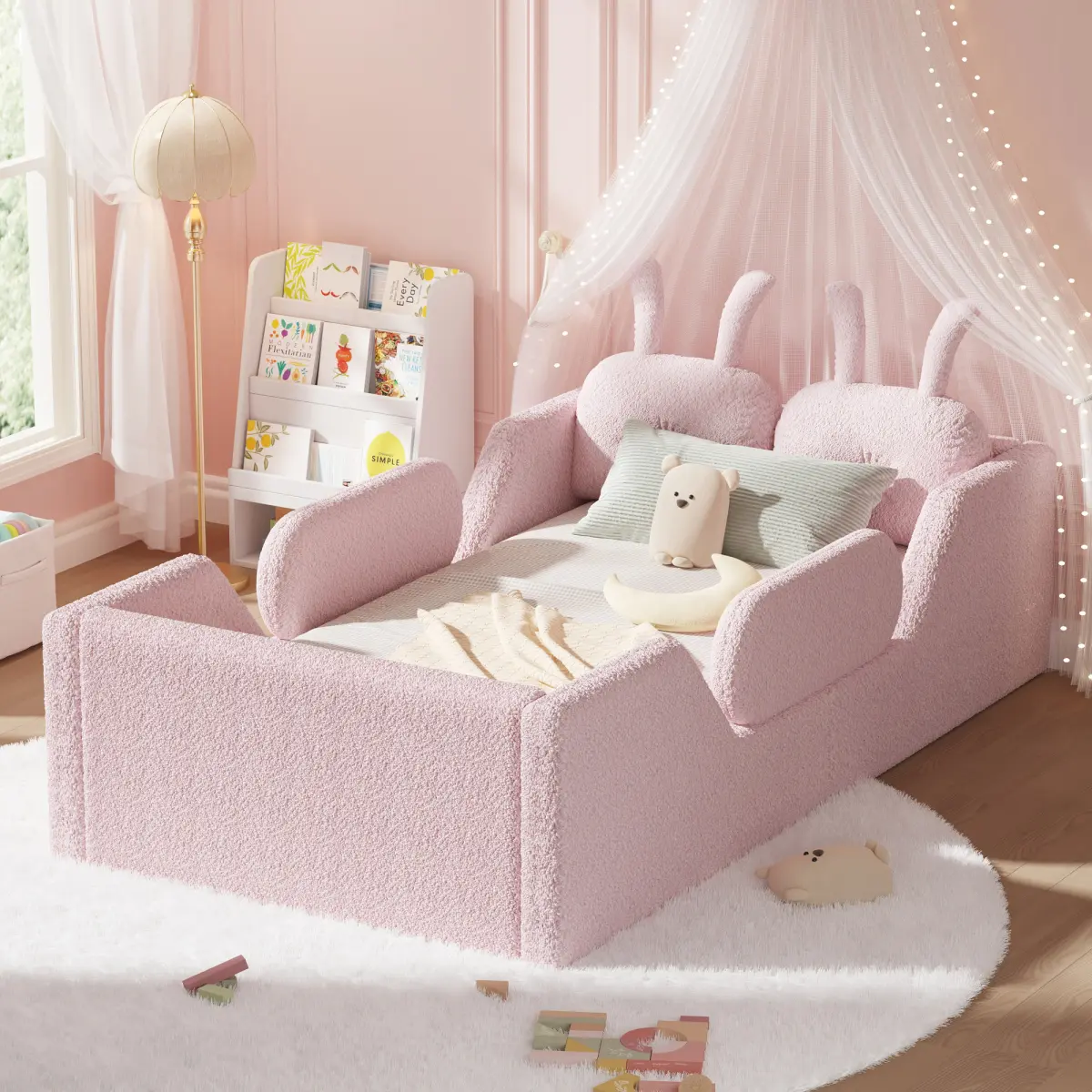 Bellemave Twin Size Upholstered Platform Bed - Soft Teddy Fabric Floor Bed with Removable Side Rails and Rabbit Cushions