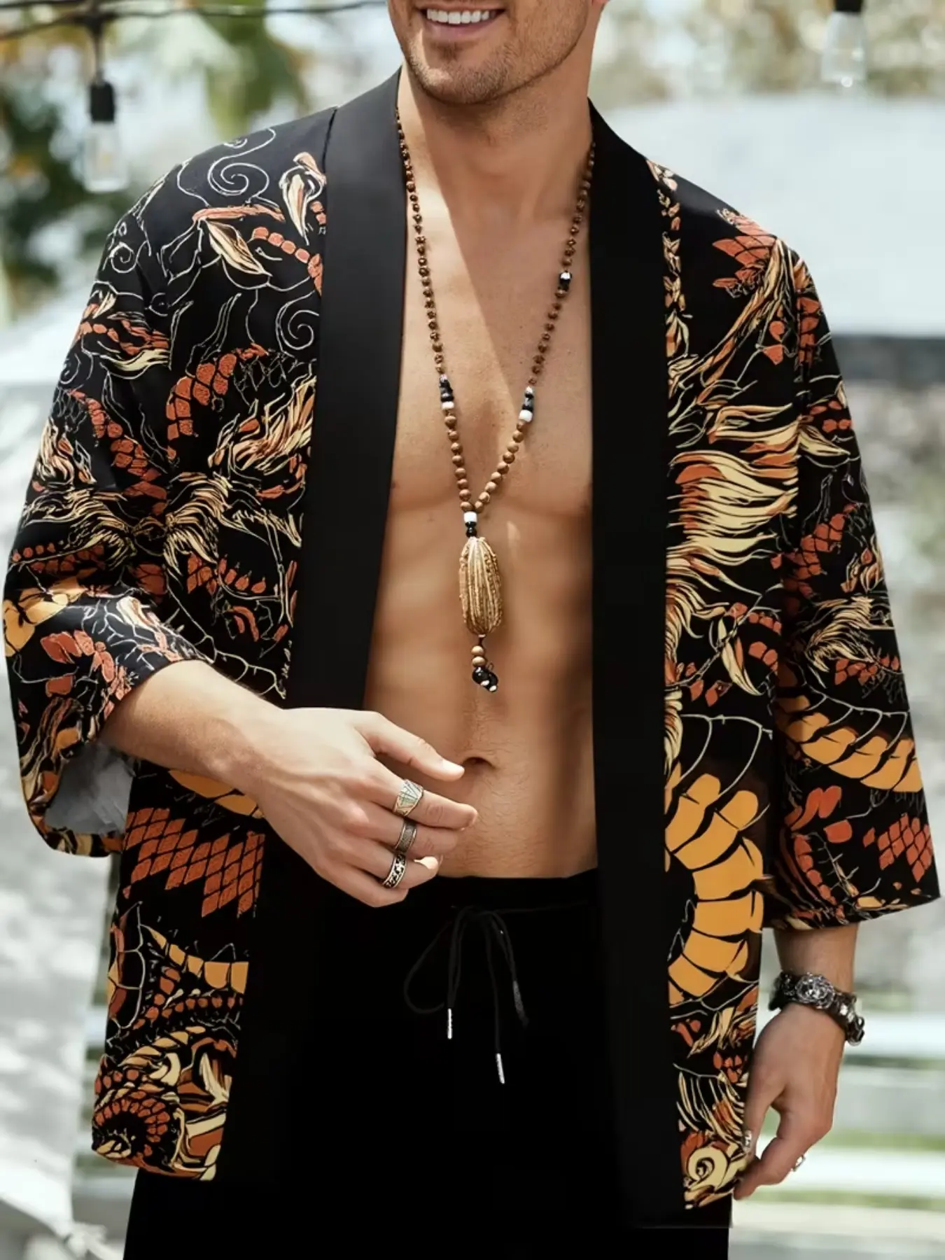 New Traditional Gold Dragon Print Robe for Men, Loose Fit Three-Quarter Sleeve Open Front Kimono Outerwear, Stylish Asian Fashion
