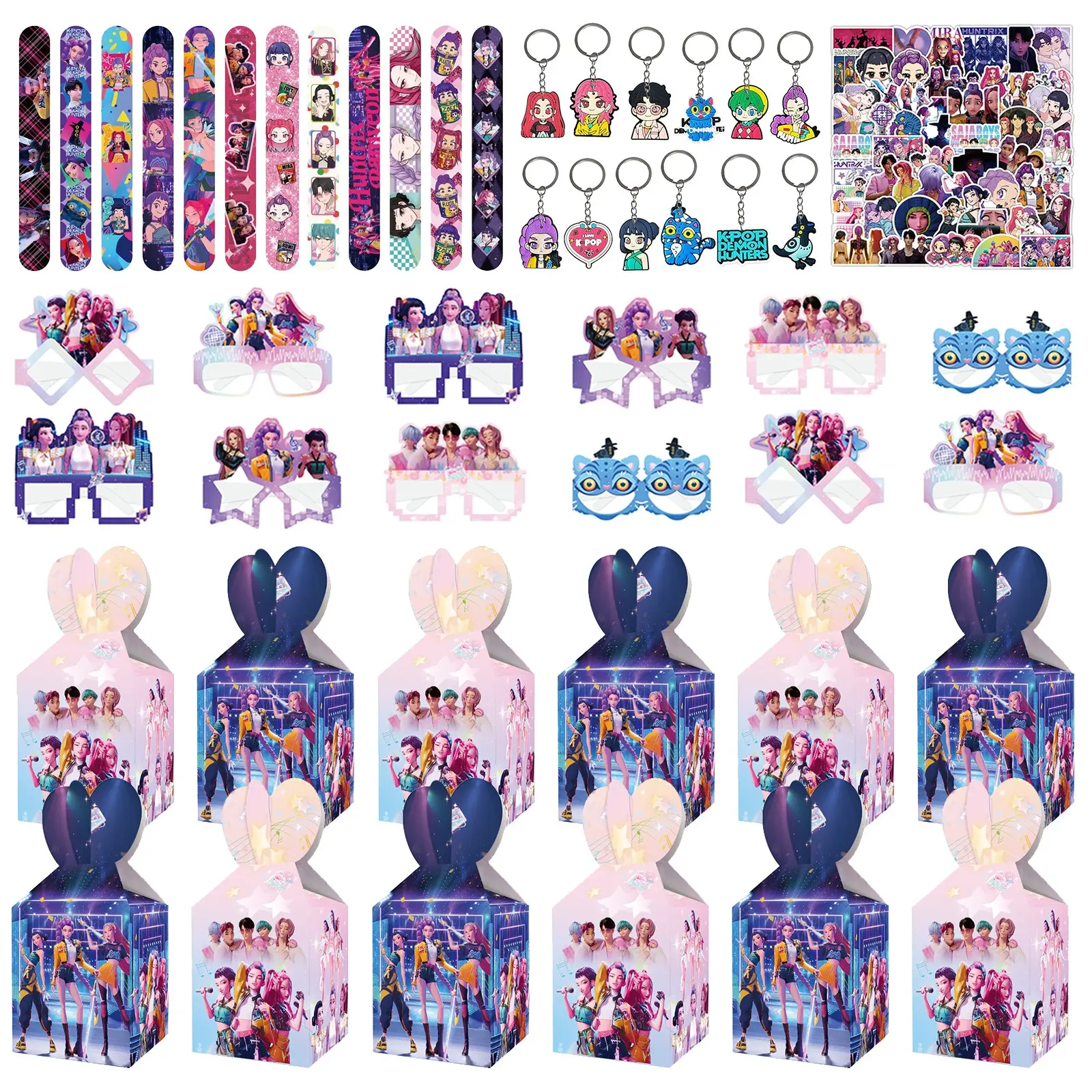 Korean cartoon girl group party gift set of five, perfect as party favors, includes 12 keychains, 12 bracelets, 12 candy boxes, 12 cartoon decorative glasses, and 50 cartoon stickers, so everyone gets their own special gift
