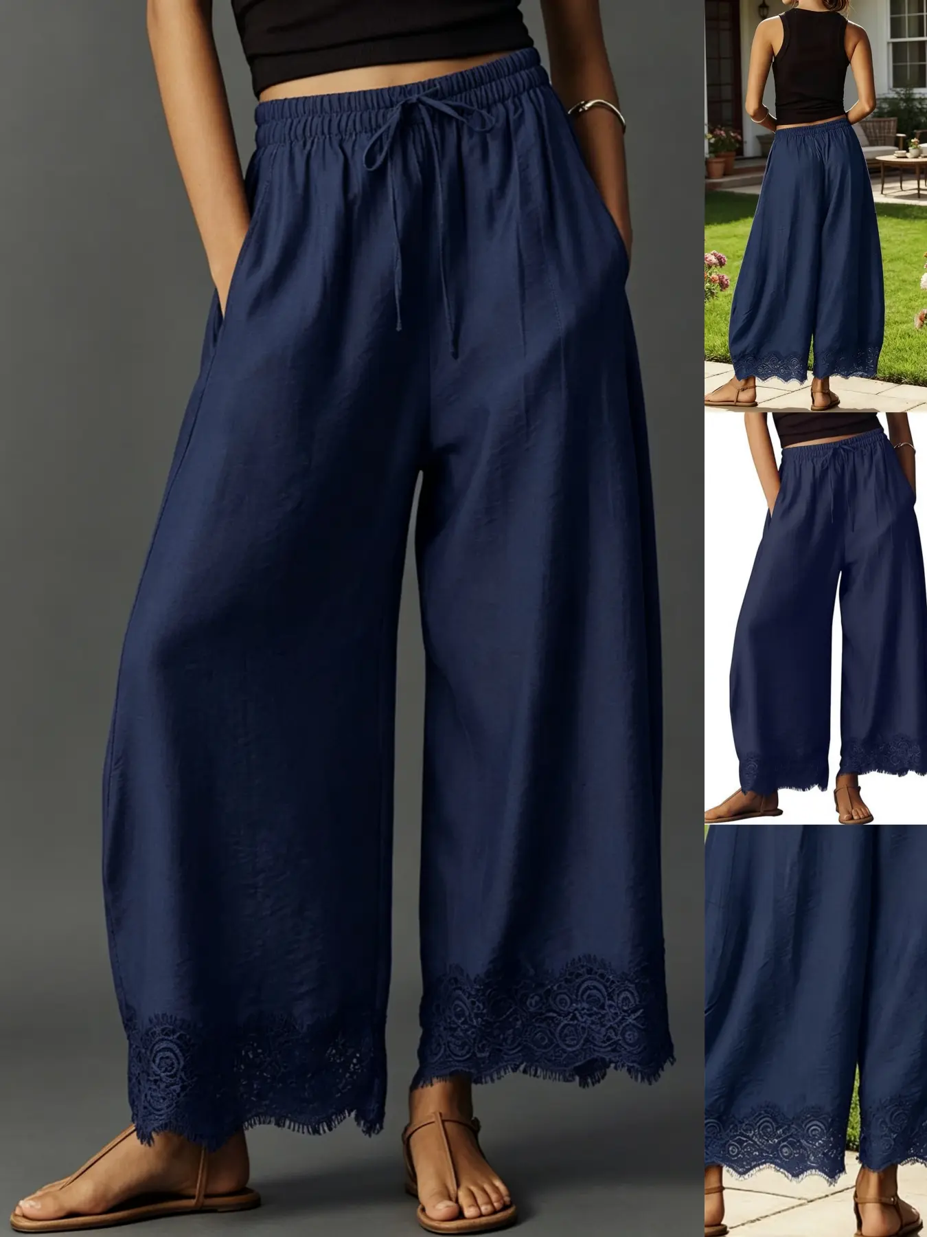 1pc Women's Curved Wide-Leg Pants, Elastic Waist Long Trousers with Exquisite Lace Spliced Hem, Elegant Slim-Fit Lace Wide Leg Pants