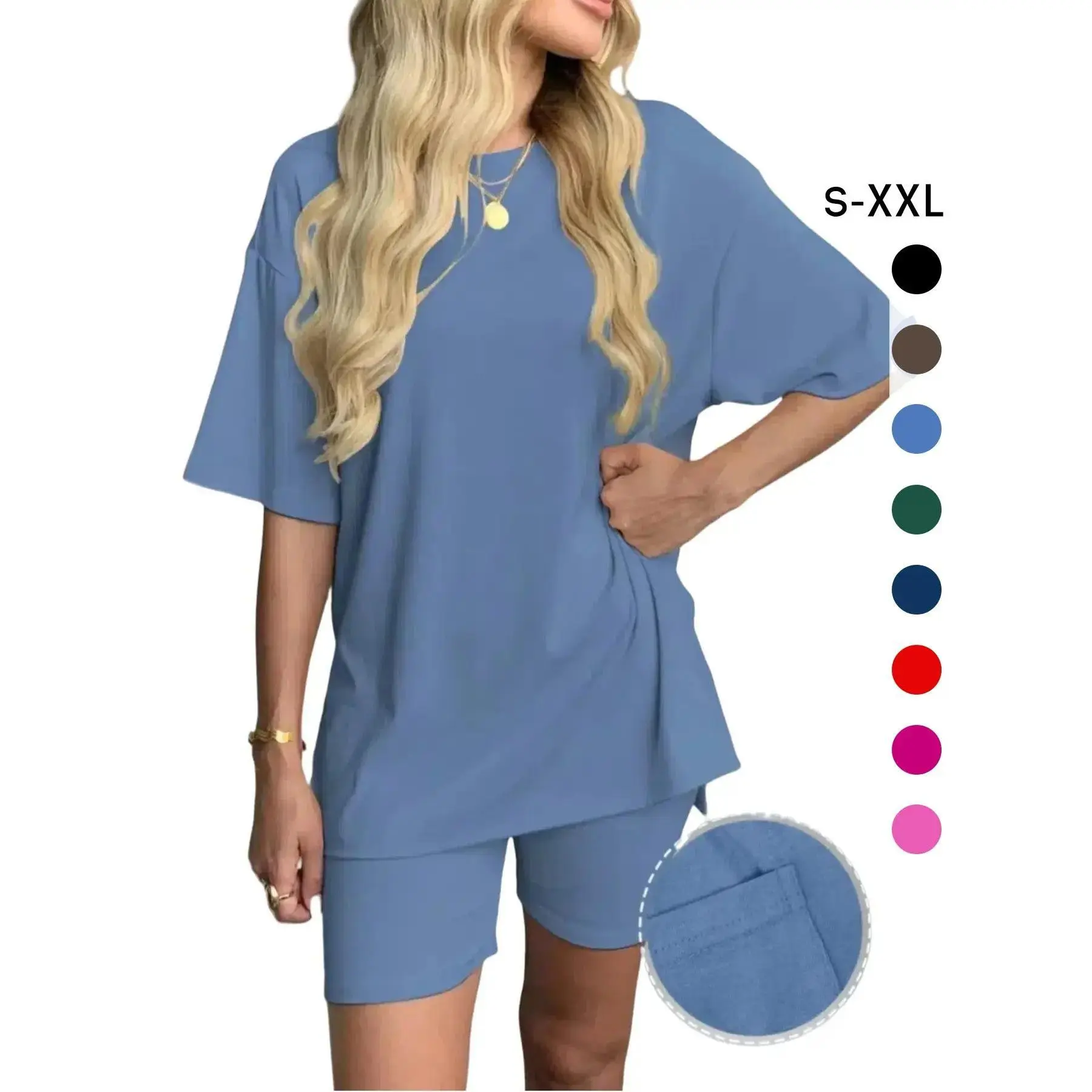 Women's Solid Color T-Shirt and Tight Shorts Set, Casual Summer Comfort Round Neck Sleepwear, Pocket Design, Outdoor Wear