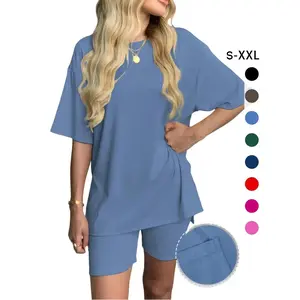 Women's Solid Color T-Shirt and Tight Shorts Set, Casual Summer Comfort Round Neck Sleepwear, Pocket Design, Outdoor Wear