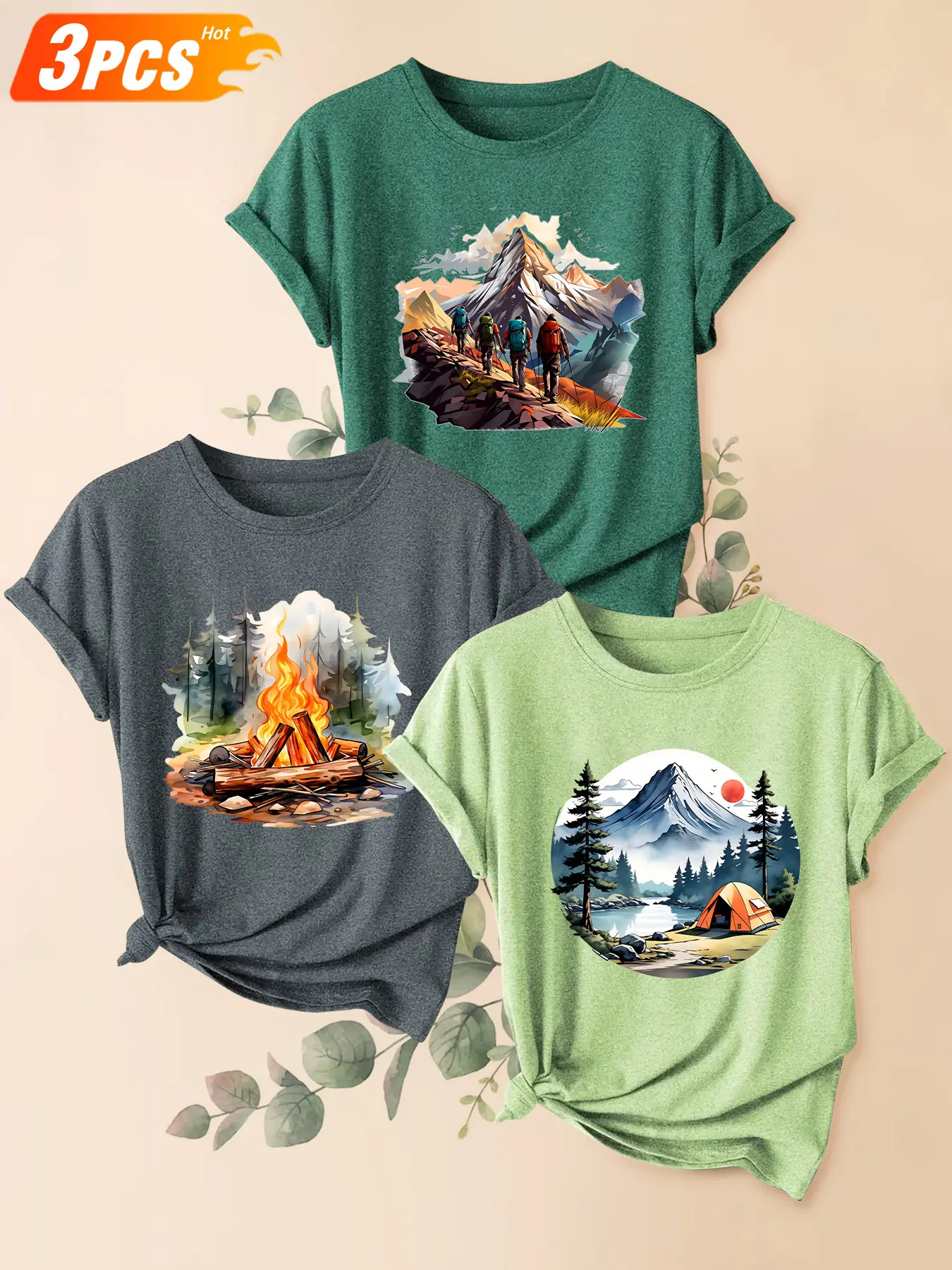 3Pcs Women Crew Neck T-Shirt, Hiking Peak Forest Campfire Lake Tent Outdoor Healing Watercolor Print, Multi-color Washable Spring Summer Top, Soft Skin-friendly Fabric Daily Versatile Fashion Design