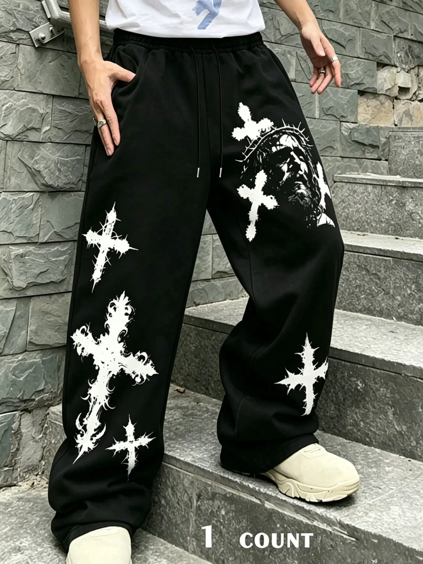 Base Thorn Cross Jesus Figure Wide Leg Sweatpants, Gothic Subculture West Coast Chicano Drawstring Flowy Straight Pants