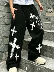 Base Thorn Cross Jesus Figure Wide Leg Sweatpants, Gothic Subculture West Coast Chicano Drawstring Flowy Straight Pants