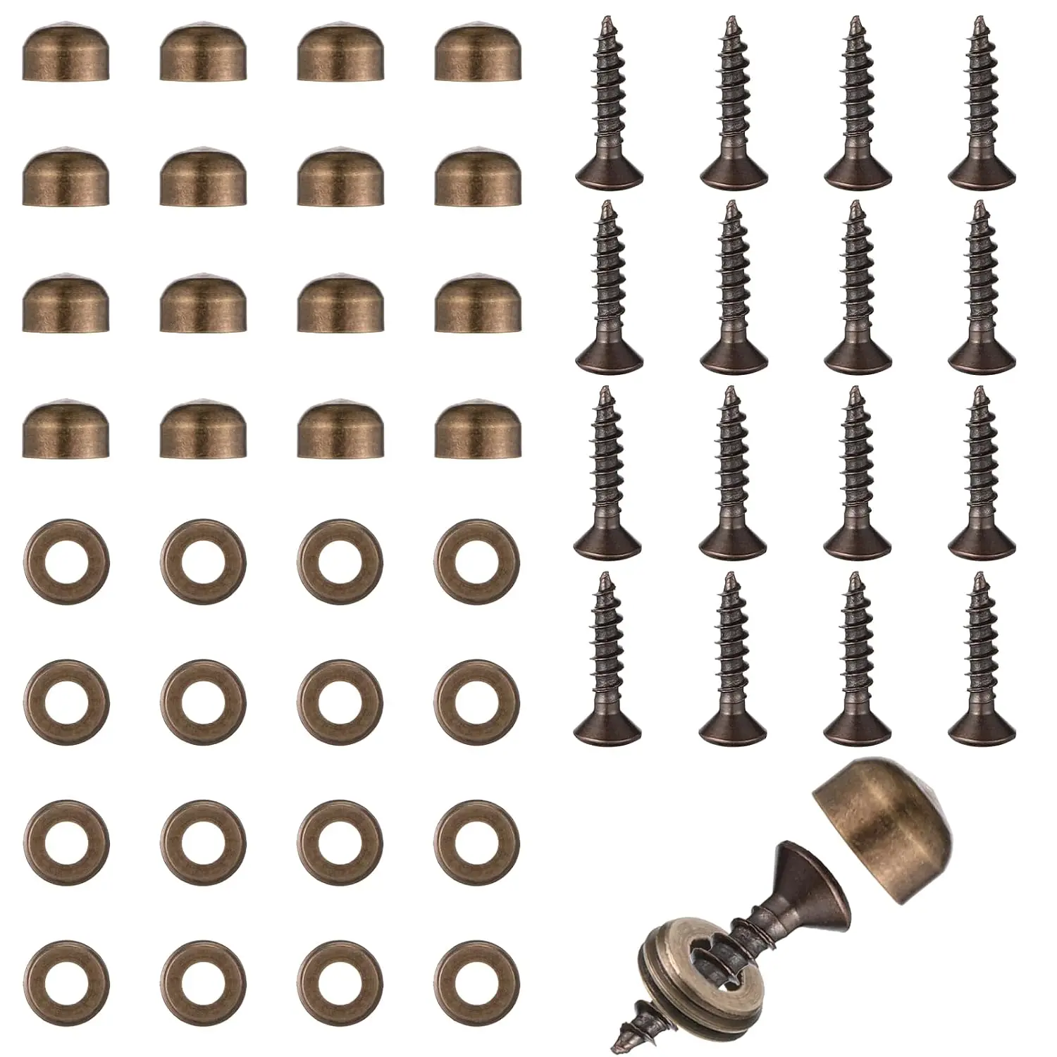 Brass Screws, Decorative Screws with Caps, 16 count Self Tapping Bronze Screw 9mm Mirror Screw Cover for Furniture Fixing (Bronze)