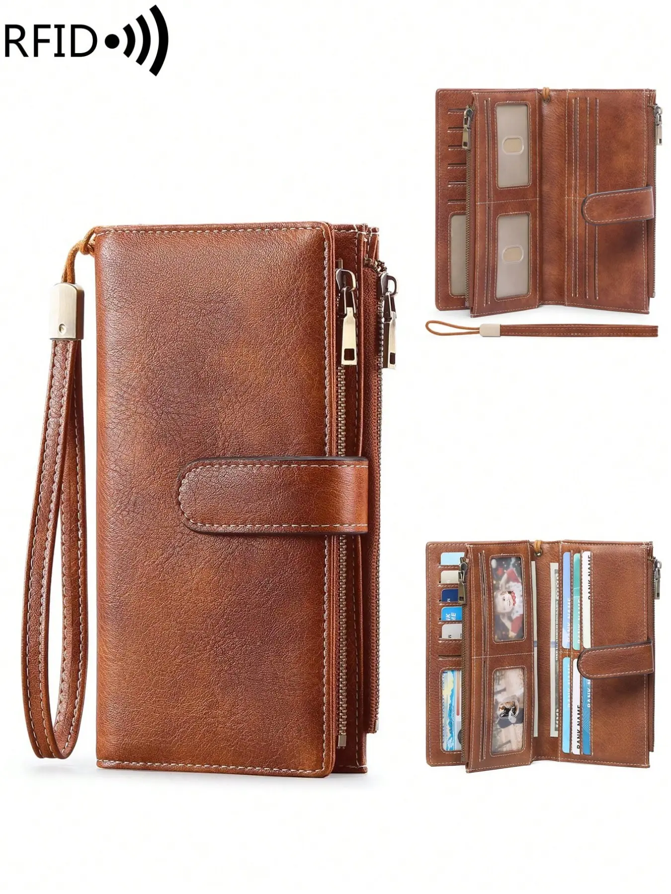 RFID Blocking Wallet - Retro Brown/Beige Dual Color Design, Long Wallet with Double Zipper Compartment - Multi Card Slot, Zipper Closure And Coin Pocket, Minimalist Triple Fold Design for Daily Use