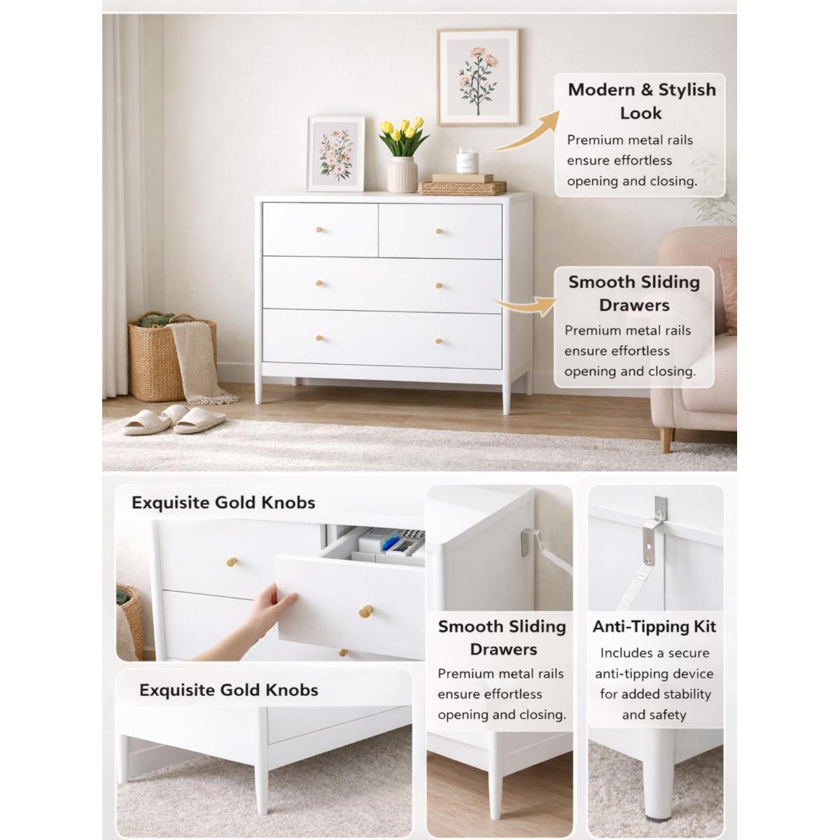 White 4-Drawer Kids Dresser, Wooden Storage Cabinet for Toddler Bedroom, Nursery, Closet, Baby Nightstand Organizer for Living Room or Apartment, 35.4" Wide    RR
