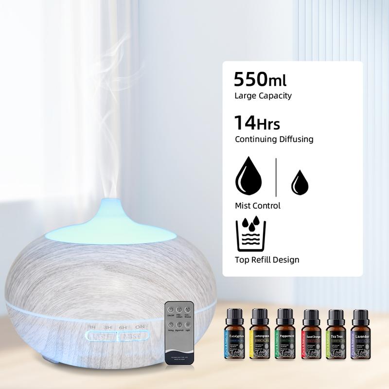 550ml Wood Grain Aromatherapy Diffuser with Remote, 6 Essential Oils & 7 Color LED Light