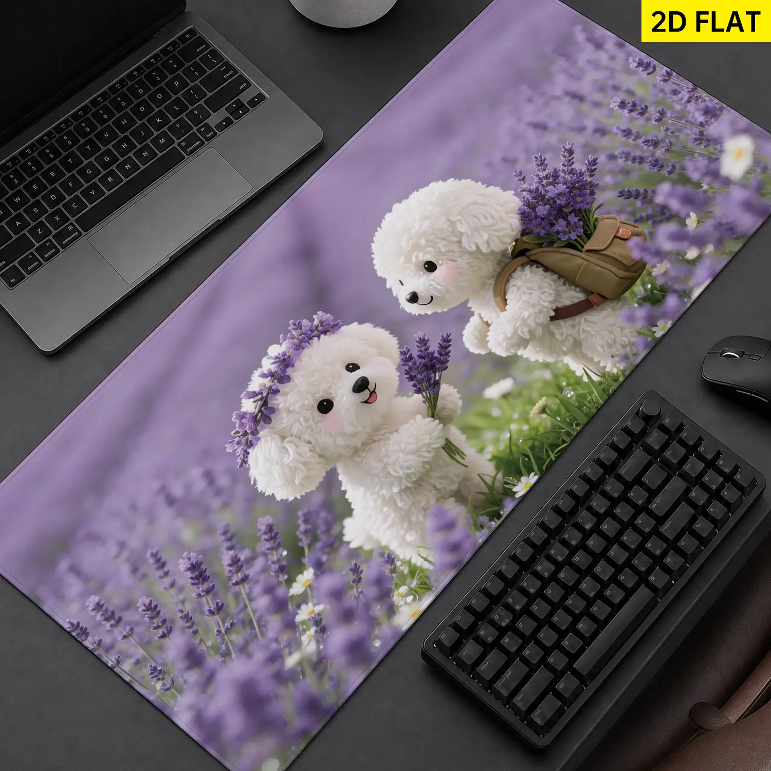Extra Large cute fluffy puppies lavender field Mouse Pad,Non Slip Rubber Pad,Desktop Decoration Drotection Pad,Washable,Lock Edge Multi Size,Premium Multipurpose Mousepad For Home,Office,Gift for Family and Friends