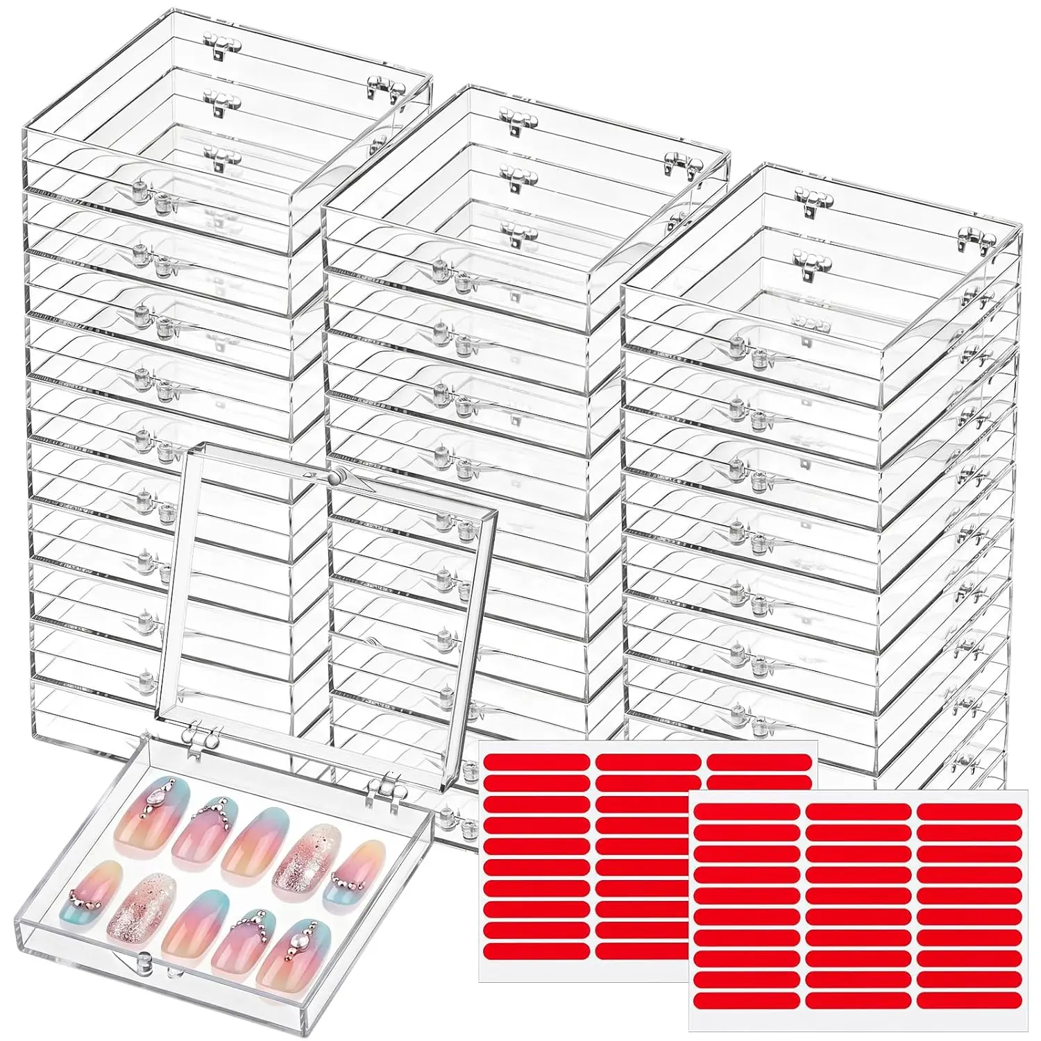 15 Pcs Press On Nail Boxes Nail Display Case with 30 Adhesive Tape, Artificial Press On Nail Container, Acrylic Storage Organizer(Clear)