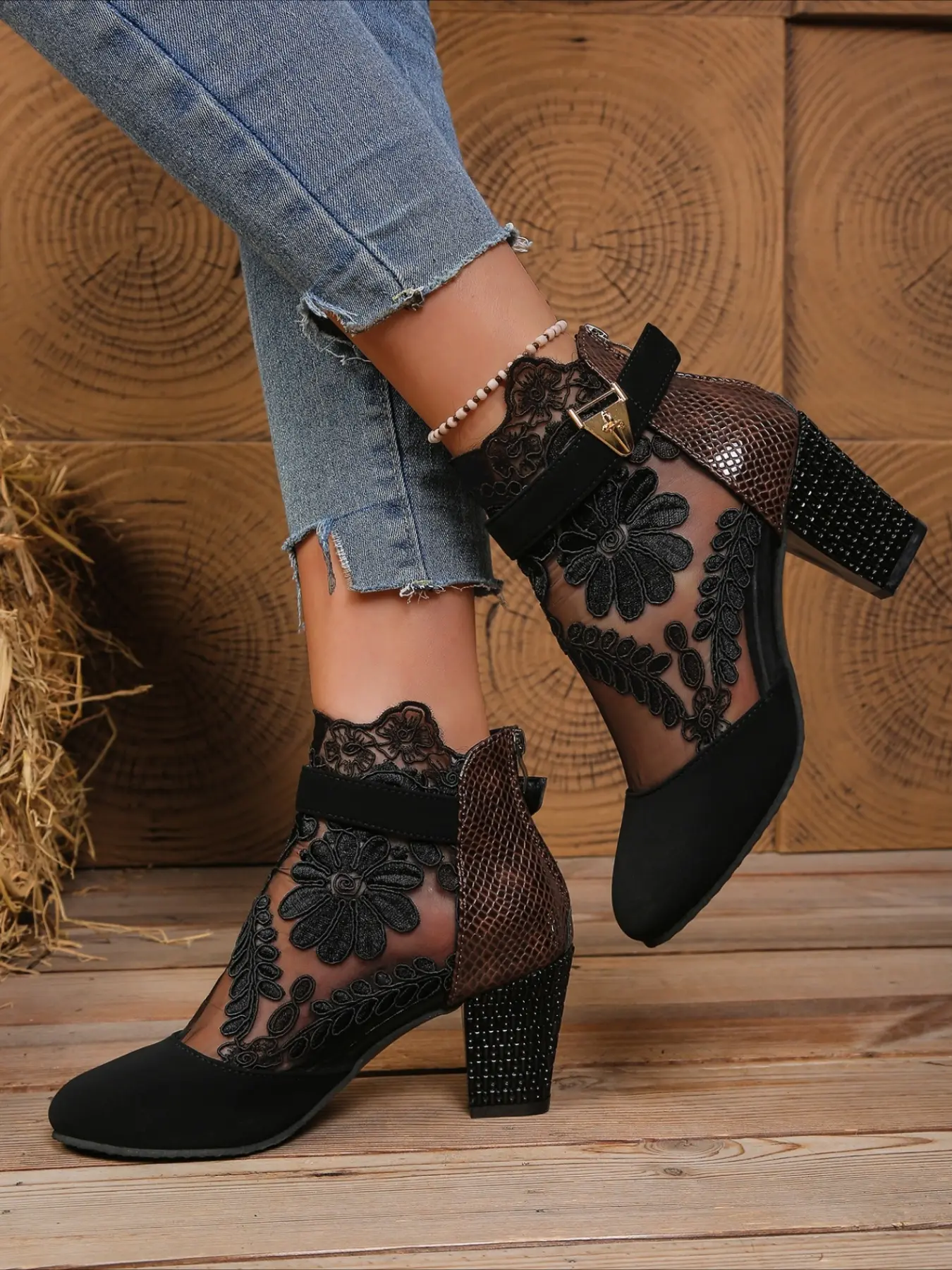 Sheer floral lace Heeled Fashion Ankle Boots with 7.5cm rhinestone block heels, breathable mesh, vintage sexy style, match jeans & dresses perfectly