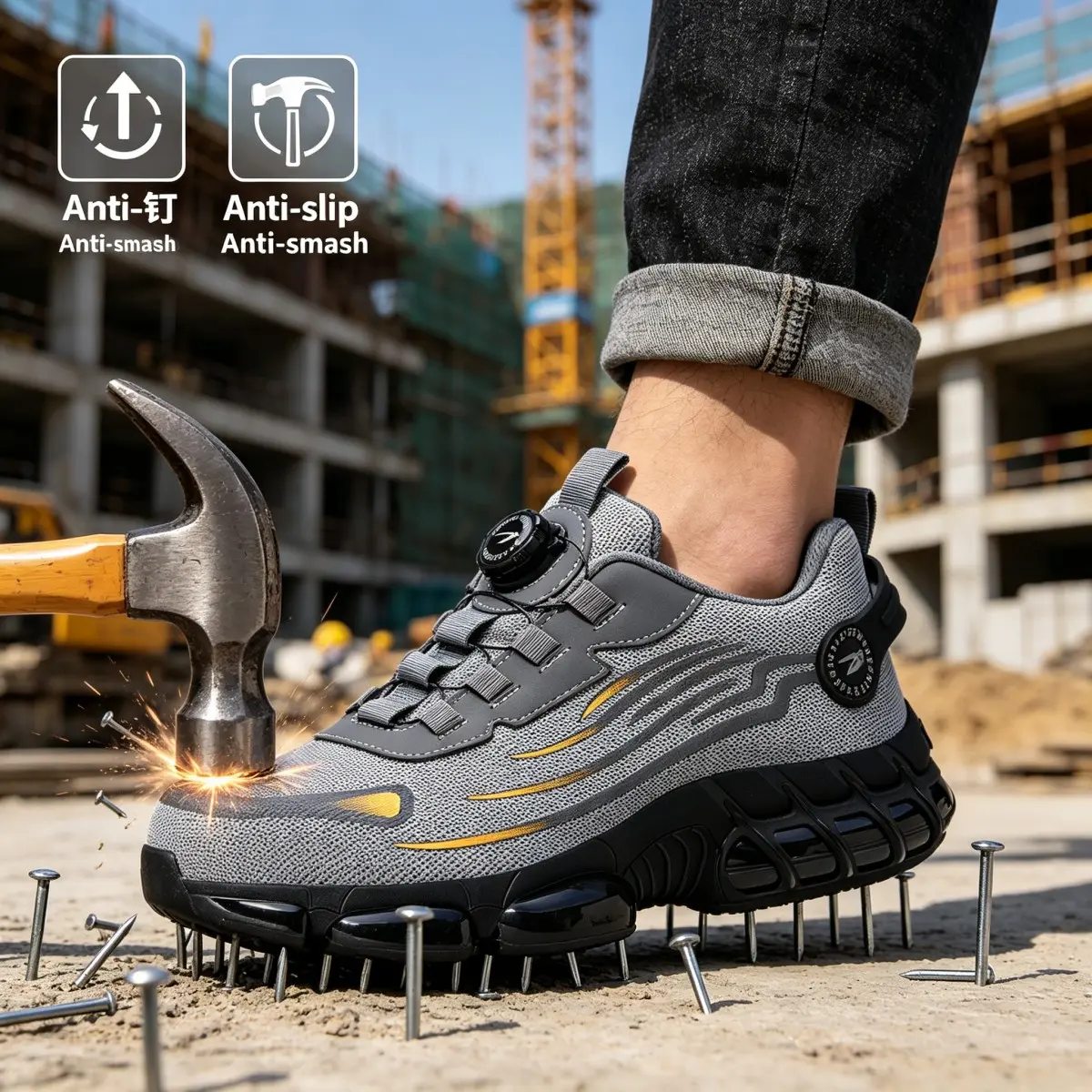 Steel Toe Safety Shoes for Men & Women, Breathable Mesh Work Trainers, Lightweight Skid-Resistant Walking Footwear, Walking Shoes, Fashion, Polyester, Braid, Fabric, Foldable, Athletic, Work & Safety Footwear, Cloth, Stripes, Geometric, Impact Proof, Indu