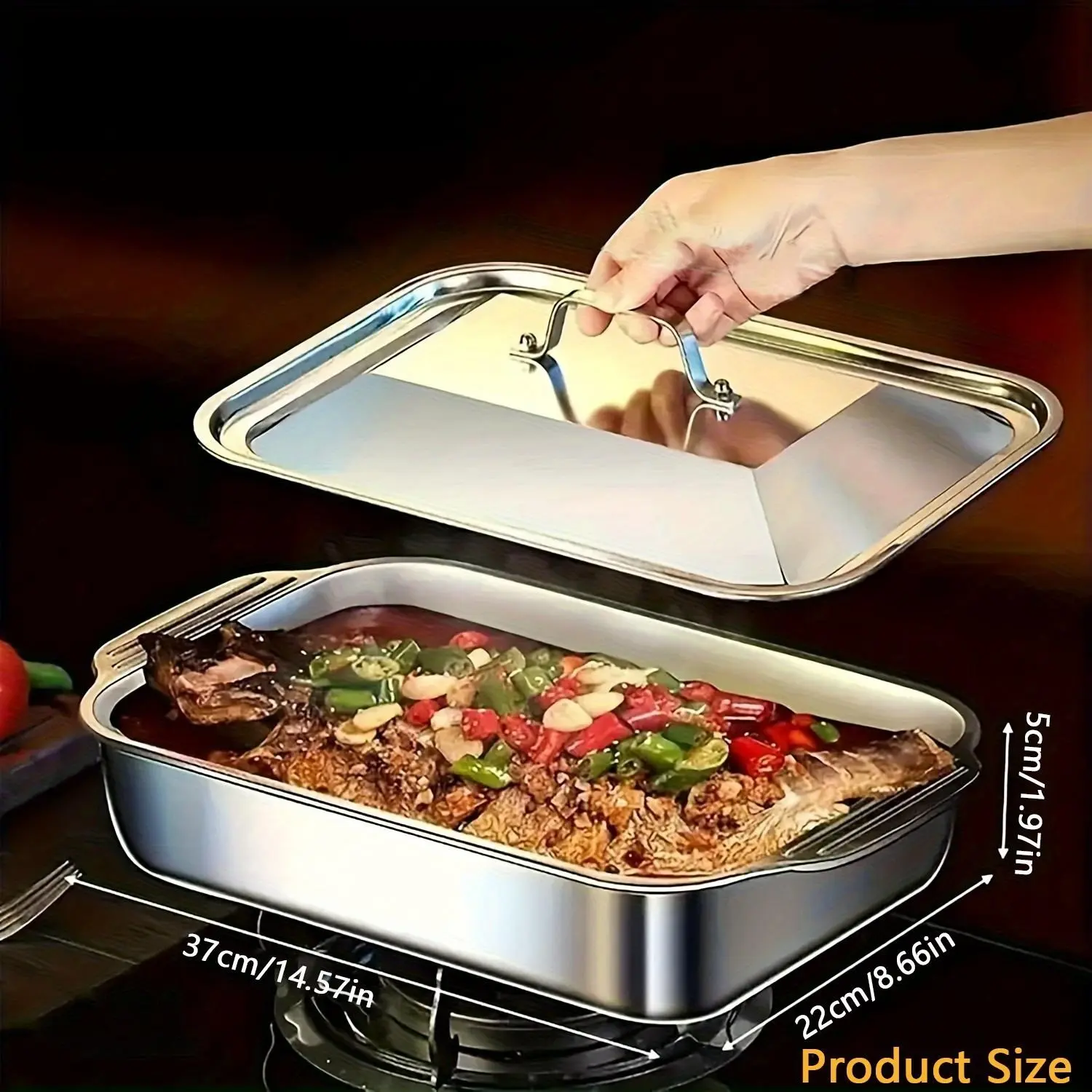 2/4Pcs Heavy Duty Stainless Steel Bakeware Baking Pan Set with Lid Rustproof Roasting Tray with Heat-Resistant Handles Non-Stick Ridges for Toaster Oven Pans, Oven Stove BBQ and Fish Cooking Mother's Day Kitchen Gift