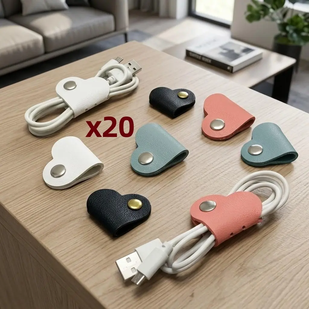 20-Pack Simple Heart-Shaped Leather Cable Organizer, Data Storage Anti-Loss Binder, Charging Cable Management, Universal Use