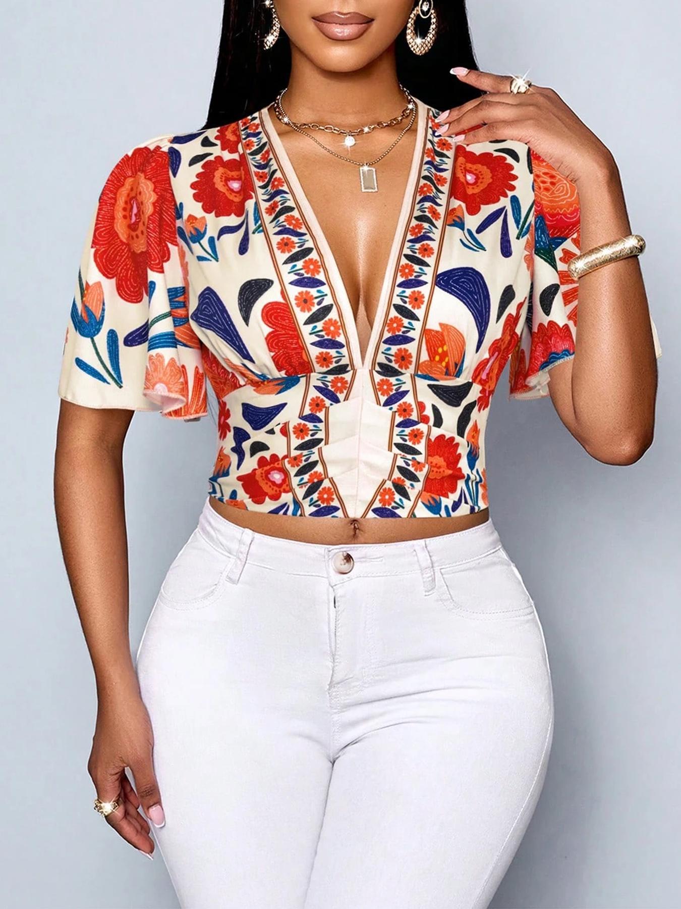 Women's All Over Print Top, Casual V Neck Top for Spring & Summer, Women's Clothing for Daily Wear, Blouse