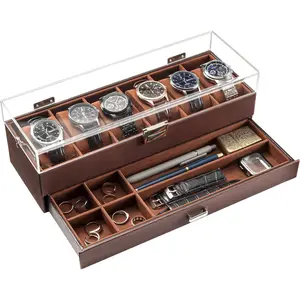 Watch Case for Men, 6 Slot Watch Display Case With Clear Acrylic Lid, Watch Box With Drawer, 2-Layer Jewelry and Watch Storage Holder Gift for Men Women, Fathers Day Gift -6 Slot, Espresso