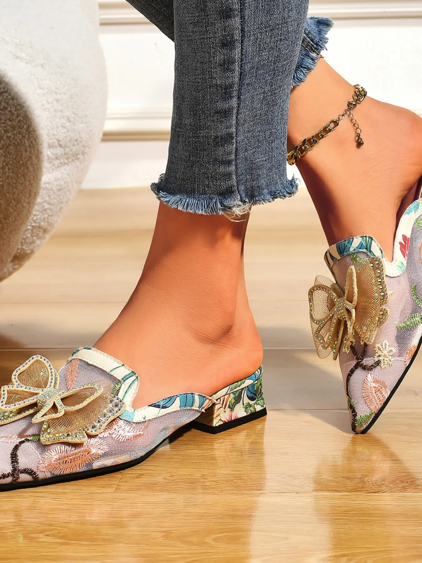Women's Mesh Fabric Sandals, Elegant Embroidered Floral Design, Low Heel Slip-On Mules, Tpu Sole, All-Season Footwear