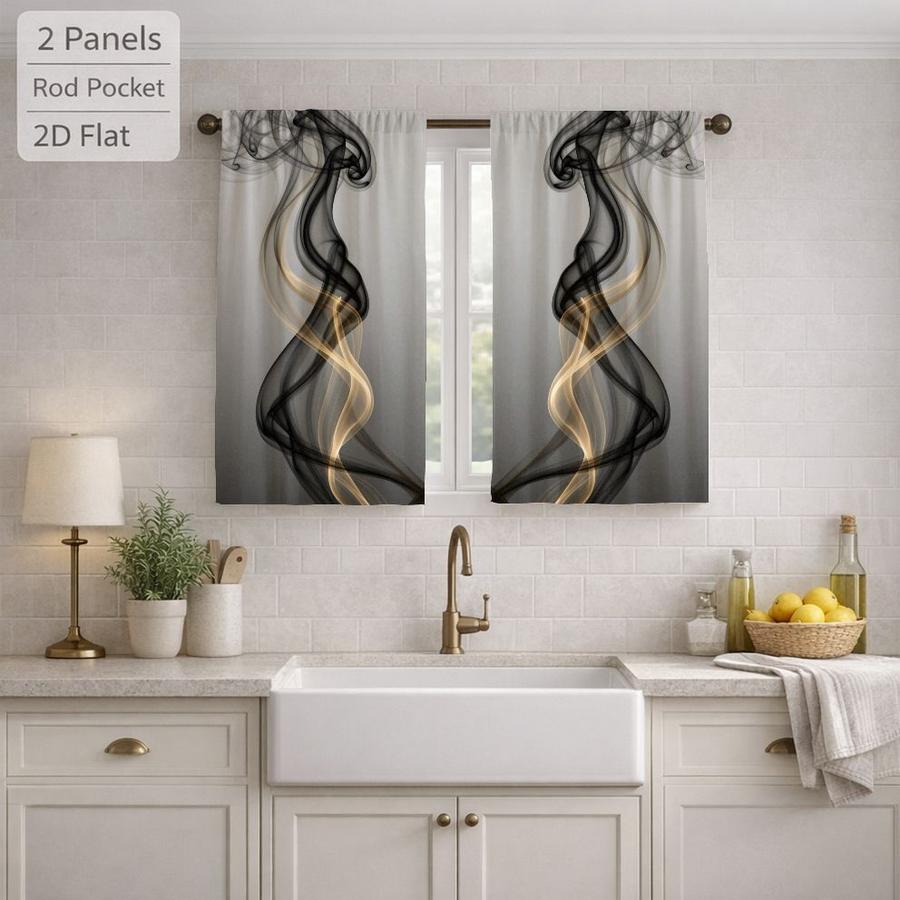 2Pcs Abstract Gold Black Smoke Pattern Sun Blocking Curtains Digital Printed Rod Pocket, Window Treatment For Bedroom Office Kitchen Living Room Study Home Decor