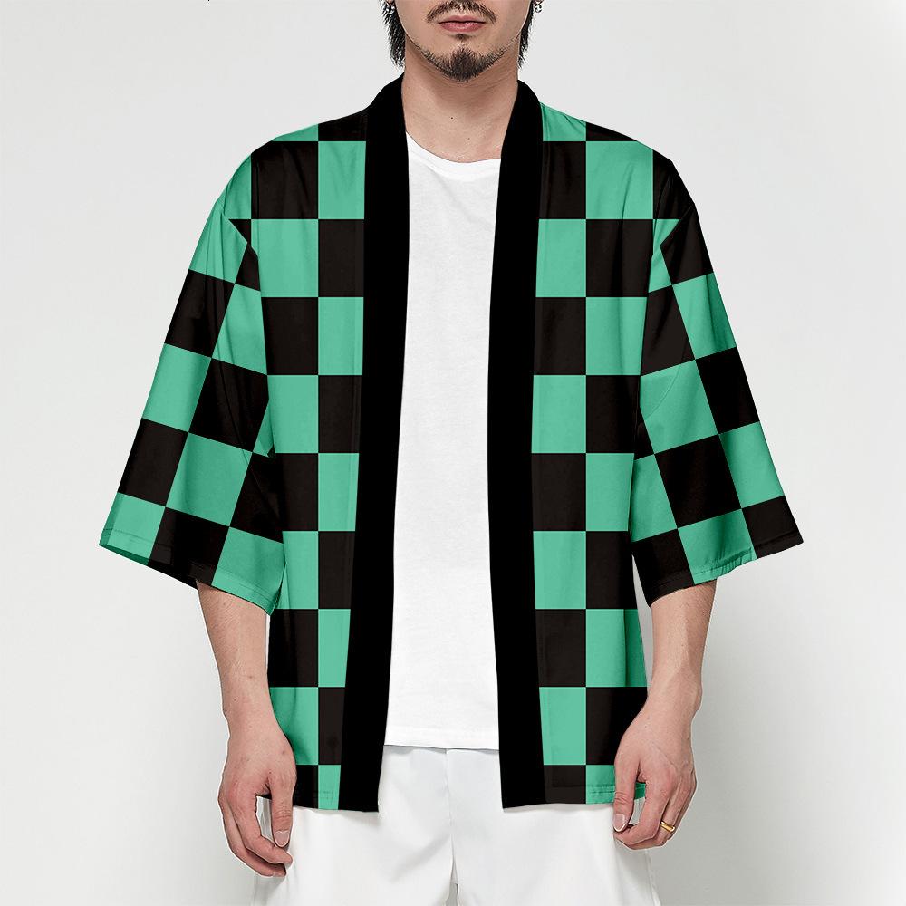 Anime Character Kamade Zezeko Pink Women's Kimono Cardigan Summer Kamado Tanjirou Green Black Checkered Men Japanese Haori Coat
