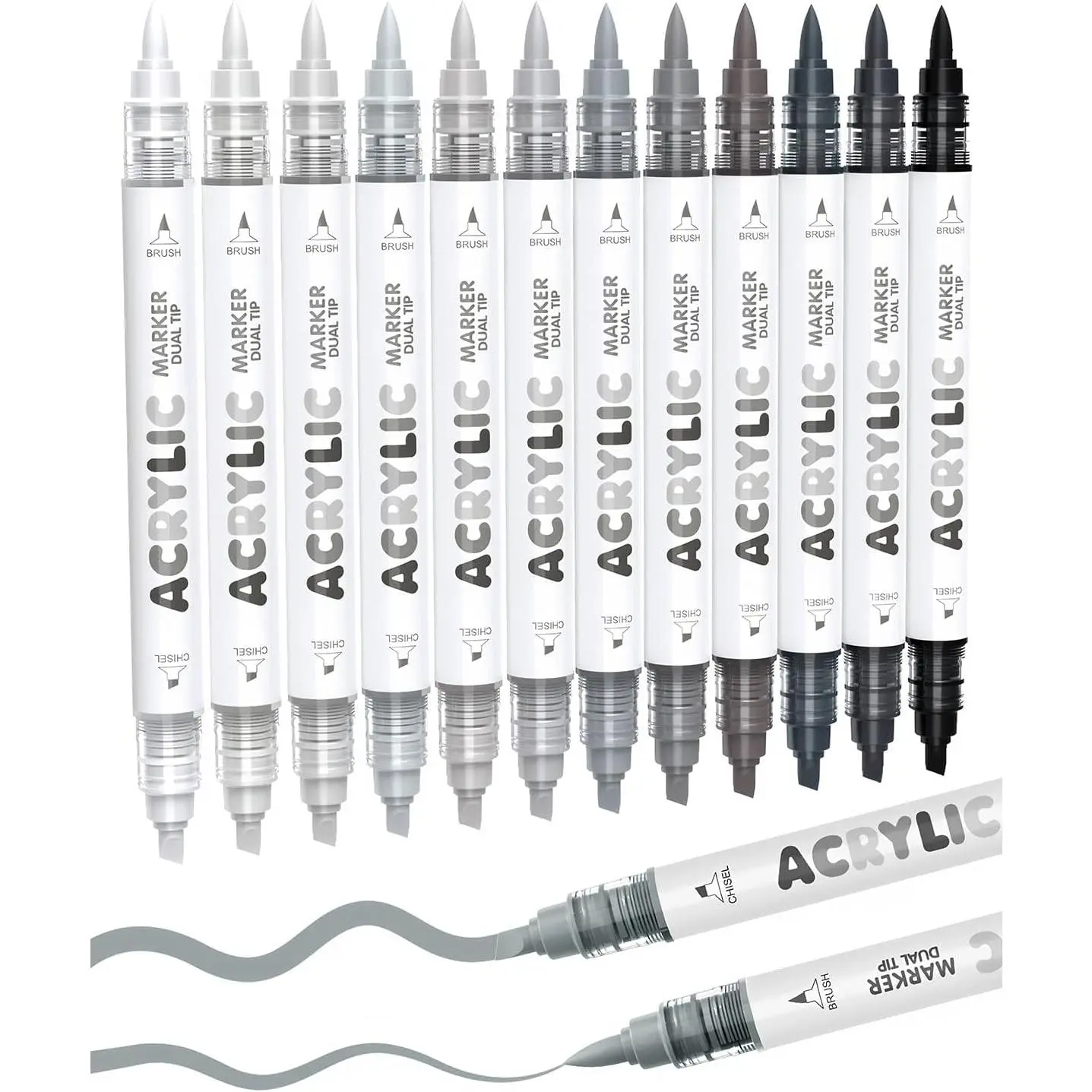 12 Grey  Tip   Markers, Brush Tip & Chisel Tip   Pens for Rock, , Glass, Paper, Coloring Book, Ceramic, Canvas, Water-Based Ink