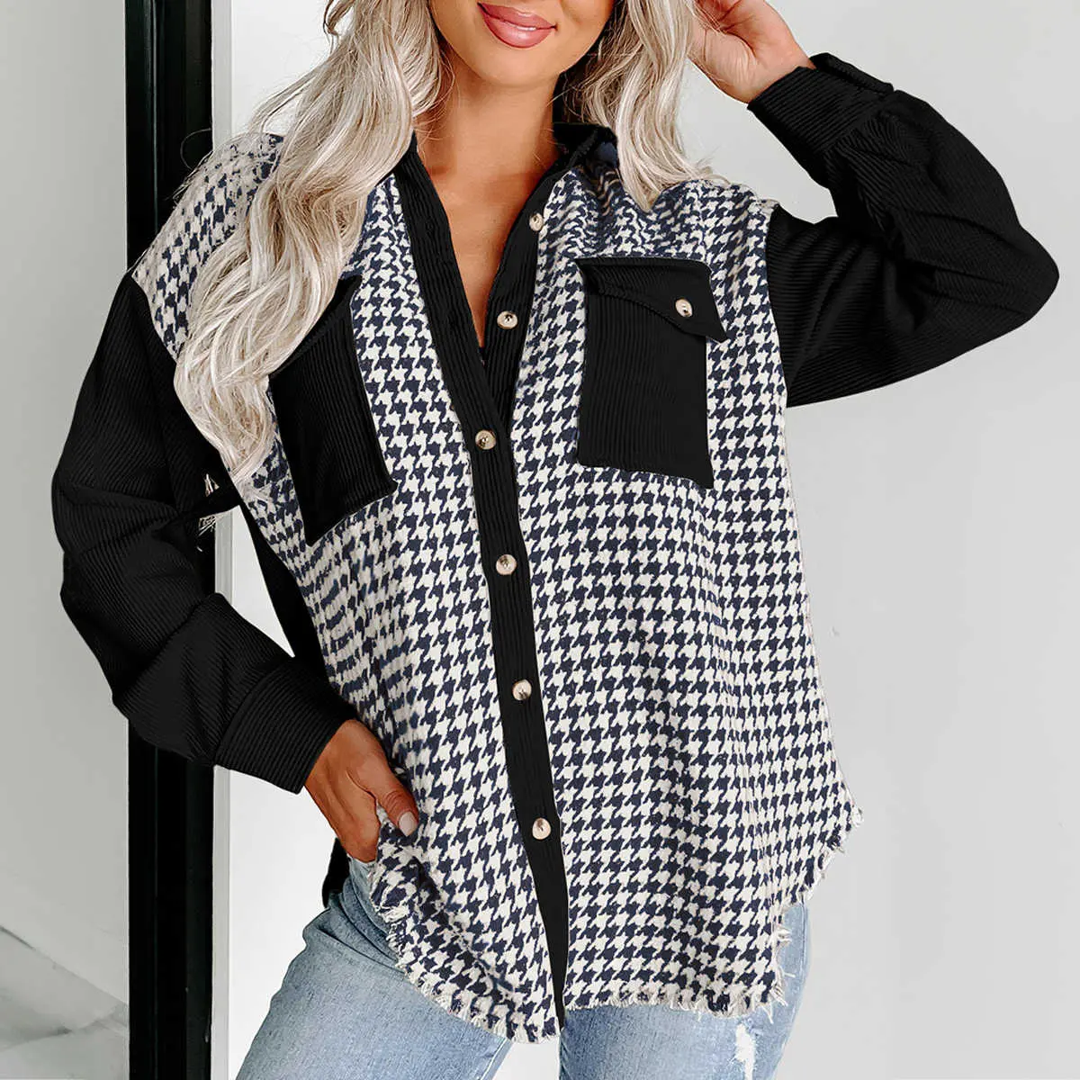 Women's Black Houndstooth Corduroy Patchwork Flap Pocket Shacket, Stylish Outerwear Tops Jacket Coats Shirt, Polyester