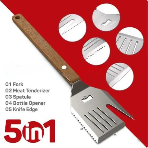 Multifunctional 5-in-1 Stainless Steel BBQ Utensil Set - Grill Accessory with Handle, Spatula, Knife, Fork, Bottle Opener for Camping, Outdoor Grilling (Original Version), Barbecue Turner