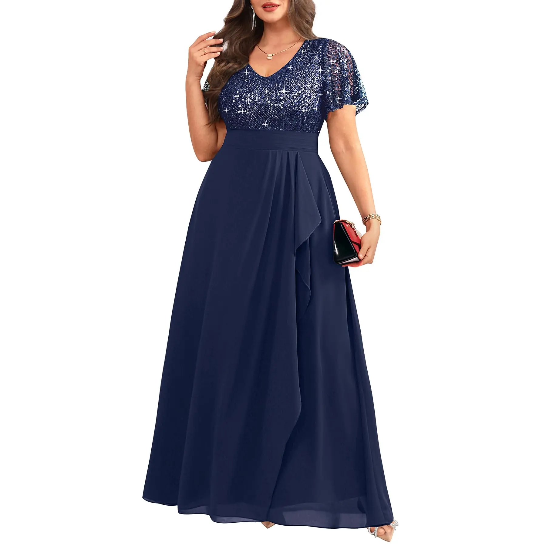 Pinup Fashion Women's Plus Size Pinup Formal Dresses - Chiffon Fabric Short Gorgeous Formal Wear Sequin Evening Gowns for Wedding Guests, Prom, Empire Waist