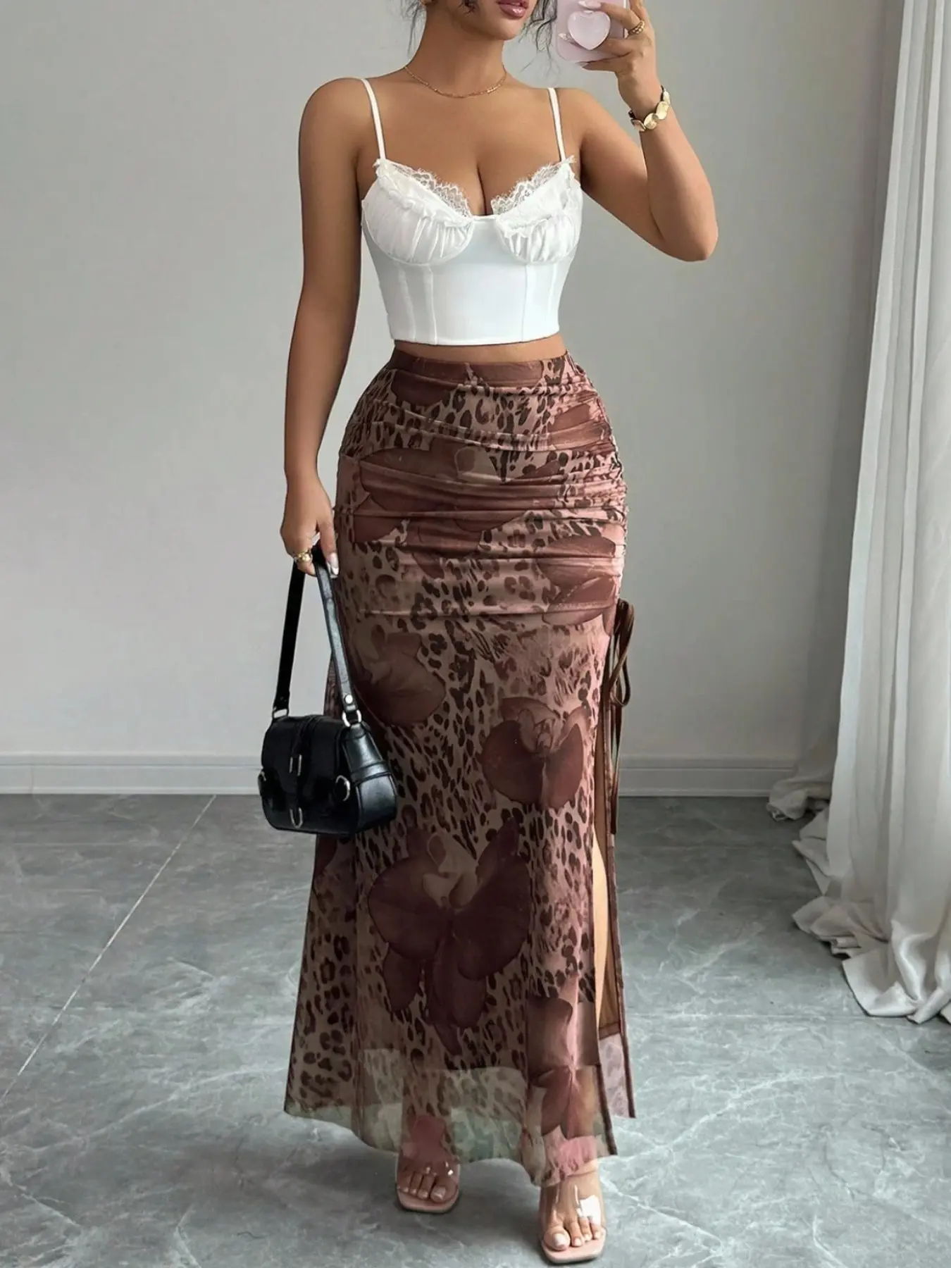 2026 New Arrival: Elegant Chic Leopard Print Mesh Elastic Waist High Slit A-line Skirt for Women, Autumn Clothing, Bottom