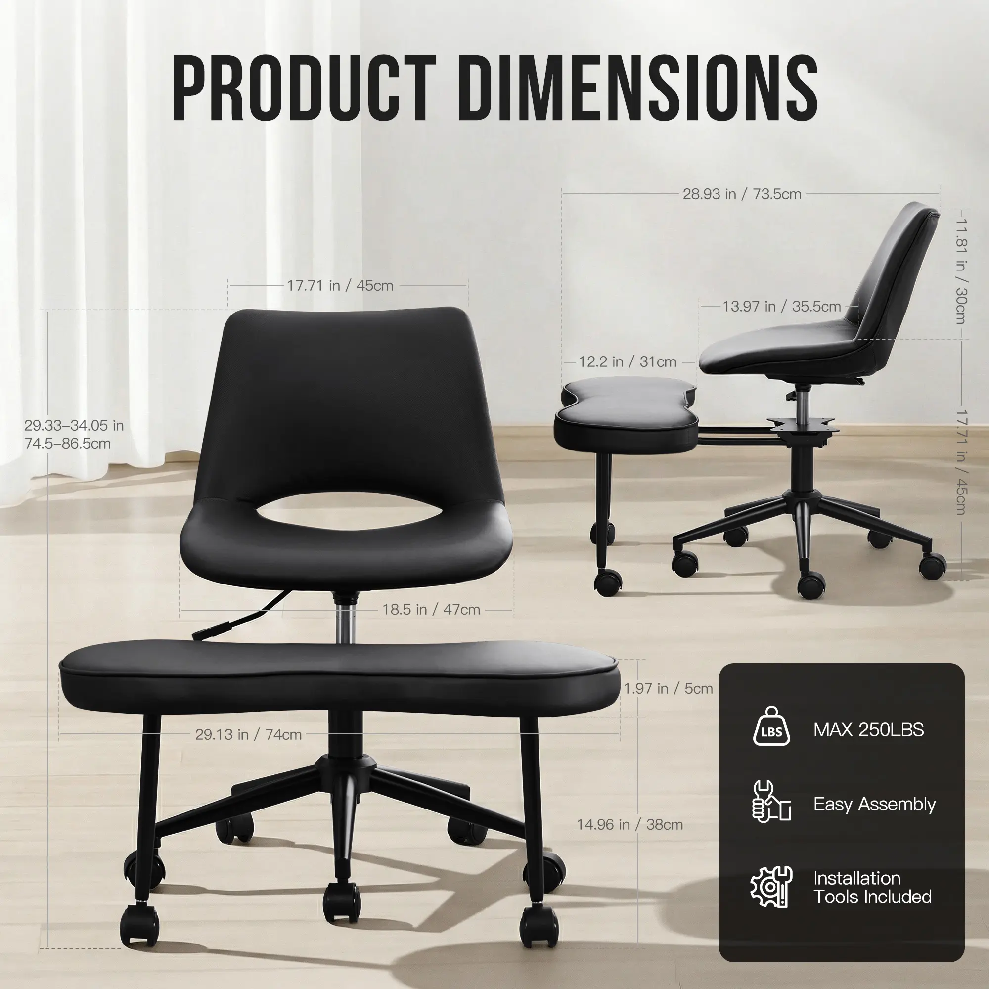 Ergonomic Cross Legged Chair, Meditation Chair with Adjustable Height & Rolling Wheels, PU Leather Kneeling Office Chair
