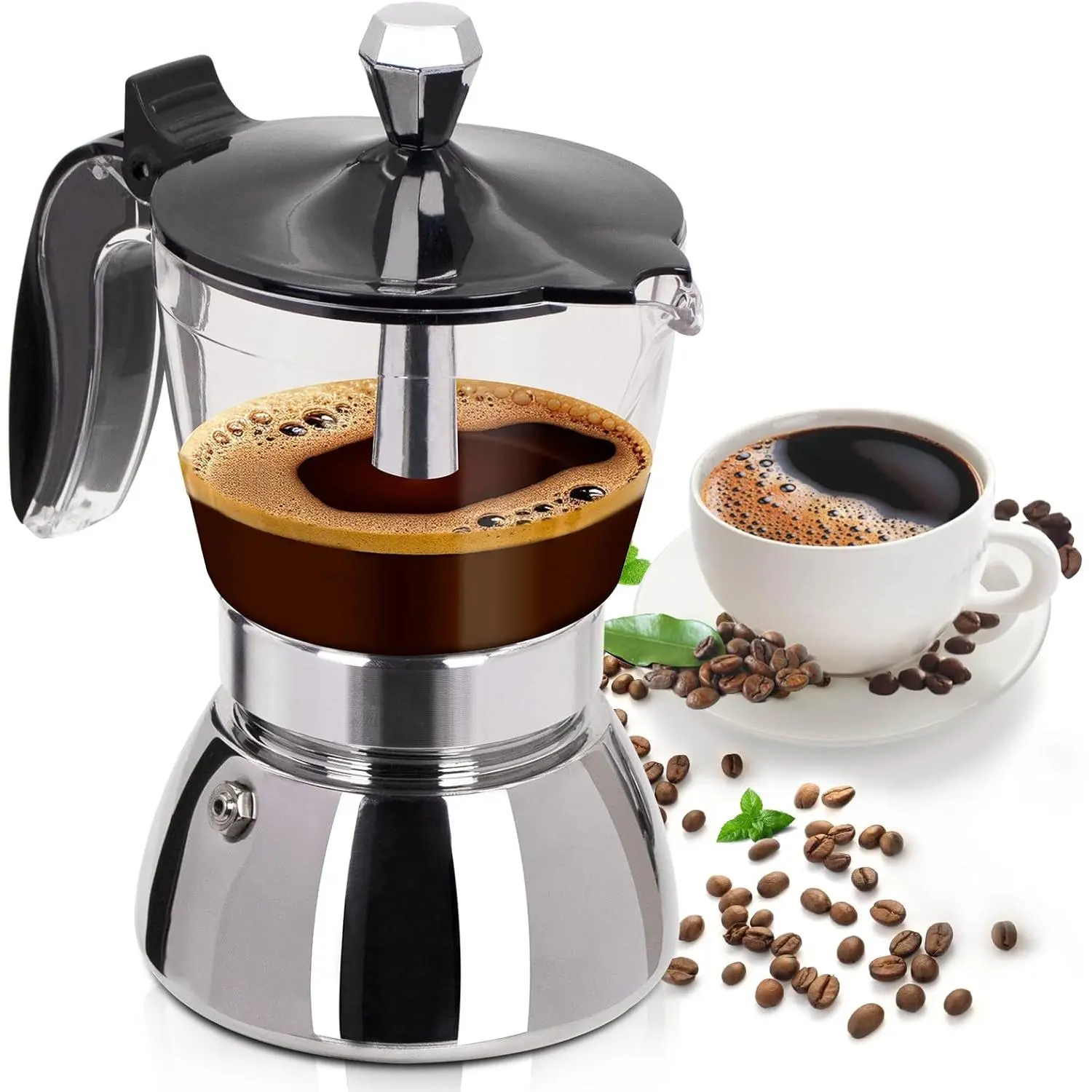 Clear Plastic Moka Pot 4 Cup 200ml Stainless Steel Coffee Maker Uncoated Stovetop Espresso Coffeemaker Classic Style Brewing Coffee Pot for Camping Travel Home Daily Use