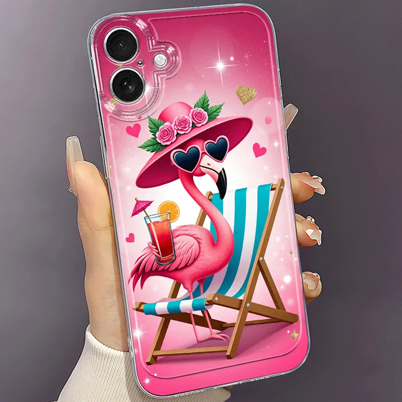 Flamingo Lounger Drink Holder Phone Case, suitable for iPhone 17/16/15/14/13/12/11 ProMax/Pro/Plus, creative TPU durable anti-drop transparent protective phone case