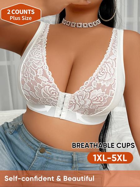 Women's Backless Bra Set, Full Coverage Plus Size Wireless Push Up, Soft Breathable Lace Floral Pattern, Medium Support All Seasons