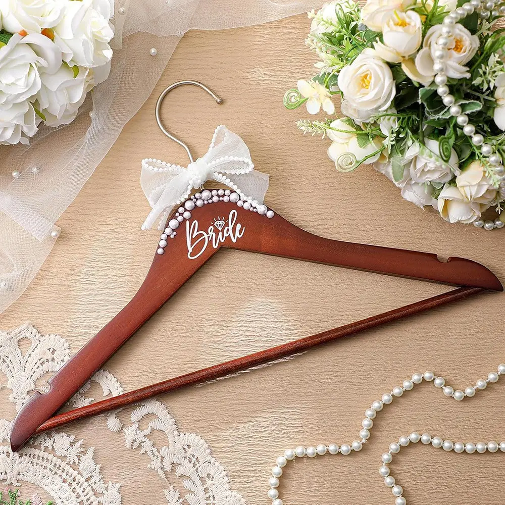 Bride Hanger, Wooden Clothes Hangers with Pearl and Ribbon Bow rustic garden beach Theme Wedding engagement Bridal shower bachelorette hen party Girls trip Bach Weekend hanging decoration Dress Gown Robe Hanger Mrs present Keepsake gift