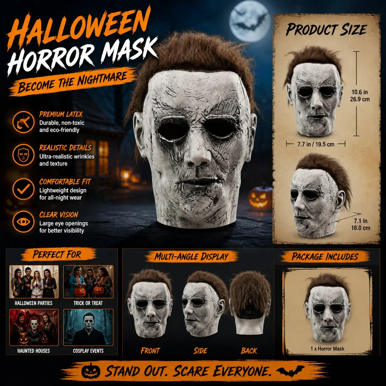 Michael Myers Horror Latex Mask with Hairpiece, Classic Movie Halloween Prop, Party Costume, Adult Fun Gift, Thrilling Facewear