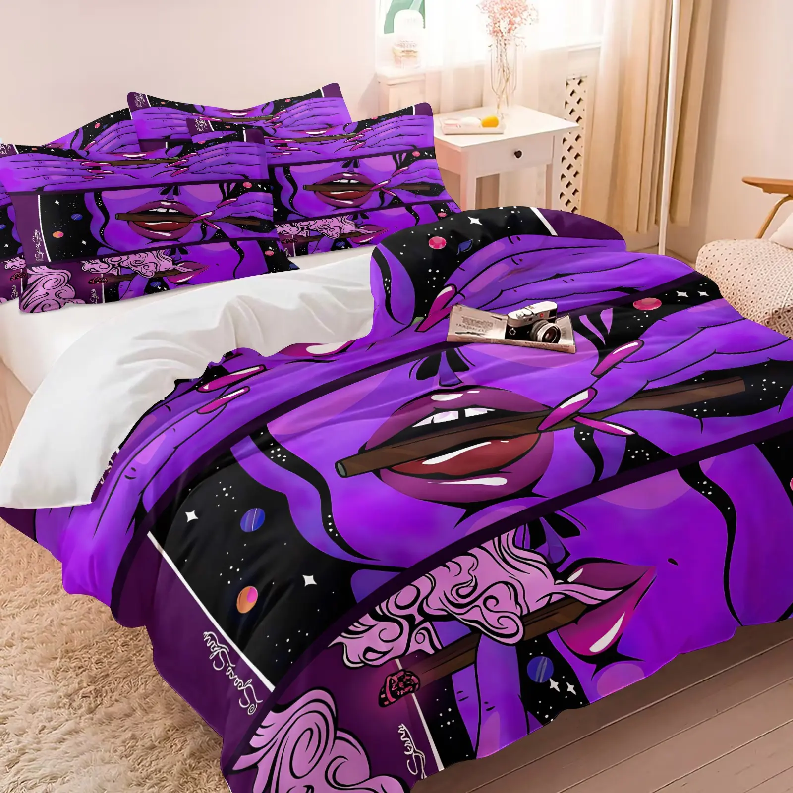 2/3Pcs Purple Cosmic Lips Comic Duvet Cover Set Soft Microfiber Galaxy Trendy Cartoon Print Bedding Edgy Aesthetic Bed Cover No Comforter For Teen Bedroom Modern Home Decor