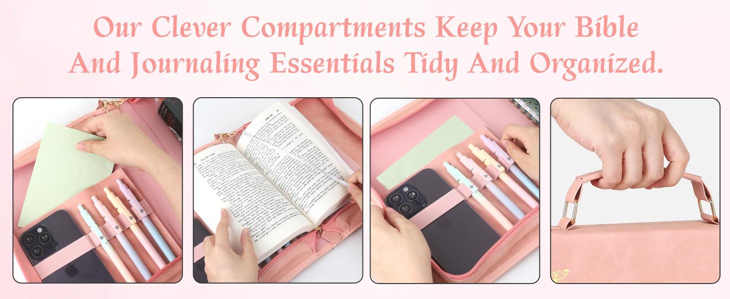 Bible Cover Case for Women，Large PU Leather Debossed Scripture Cover with Cross & Rose，Bible Accessories，Bible Carrying Case for Women, Girls, Gifts (Pink Gold)