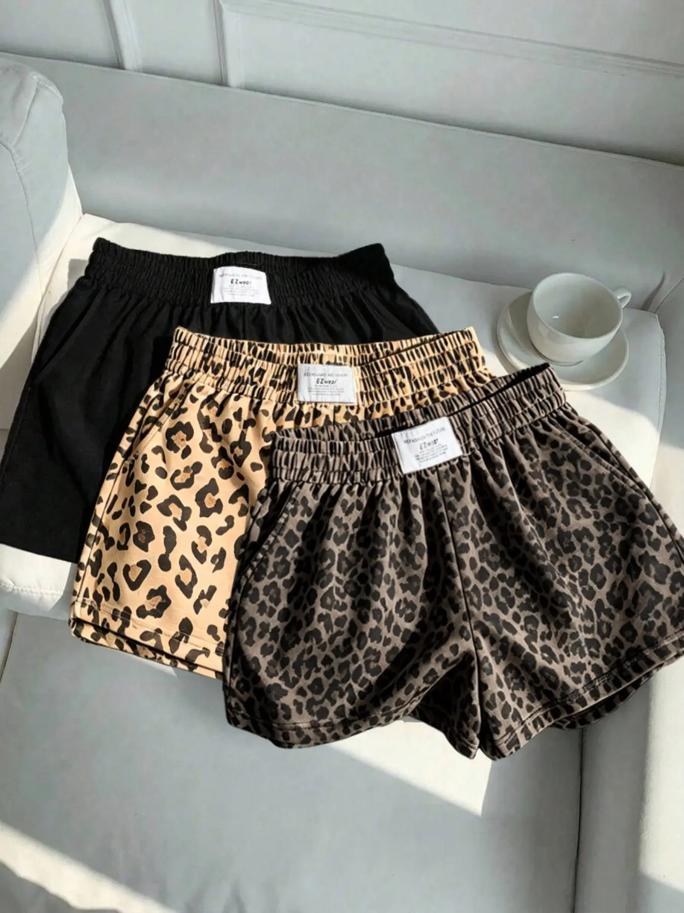 Leopard print loose casual athletic shorts 3-piece set. Elastic waist, Adjustable, relaxed fit with pockets. Breathable, soft, comfy fabric. Streetwear, outdoor & loungewear vibe. Perfect for summer, gym & daily wear.