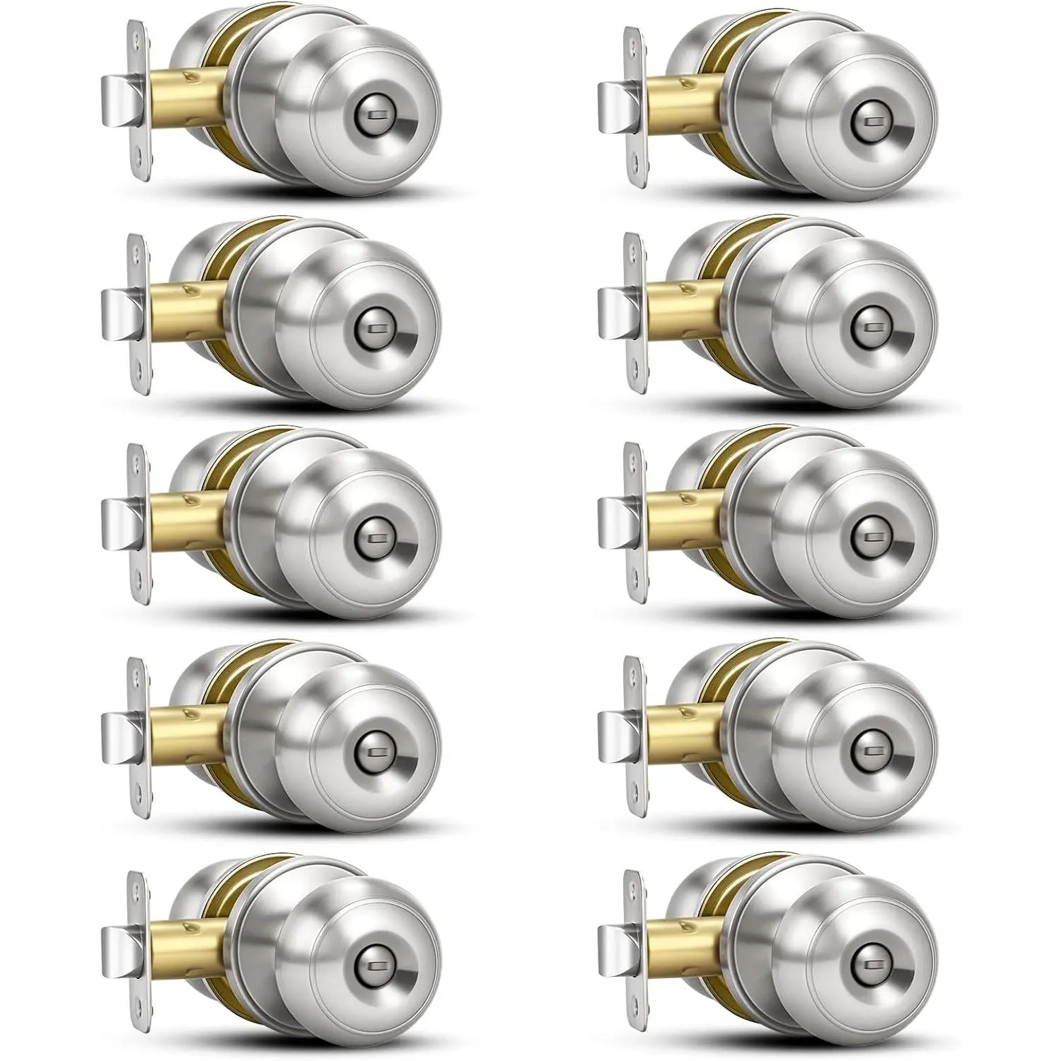 10 Pack Brushed Nickel Privacy Door Knobs with Lock, Silver Interior Keyless Doorknobs Door Locks Set, Reversible for Left/Right Door Handle, Ideal for Bedrooms and Bathrooms